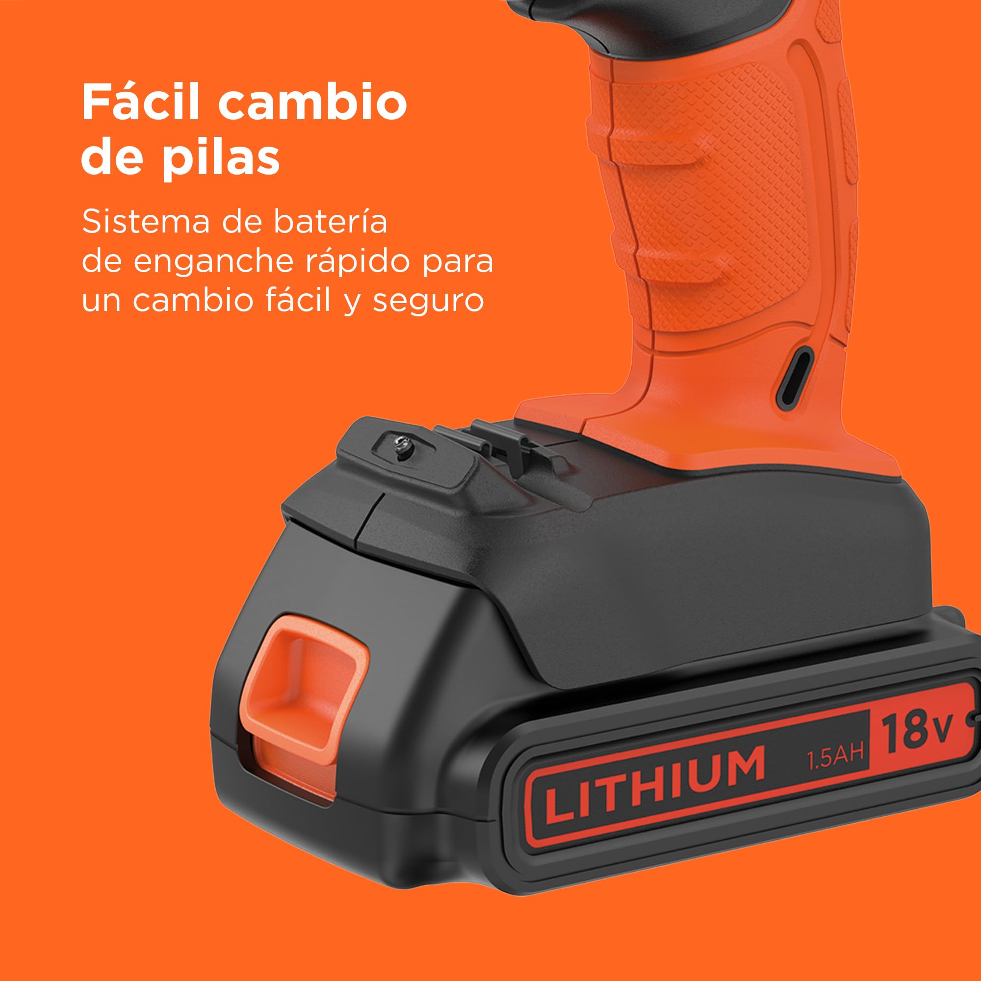 BLACK+DECKER Taladro percutor inalámbrico de 18V y 2 velocidades con dos baterías de 1,5Ah y cargador de 400mA, par de 45Nm, luz de trabajo LED y maletín, BCD003C2K-QW