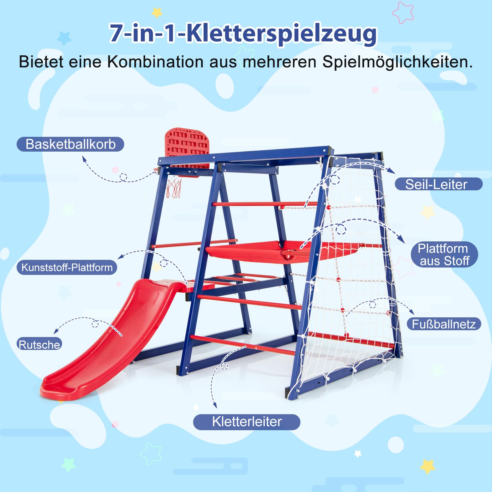 COSTWAY Klettergerüst Outdoor, 7 in 1 Spielplatz mit Rutsche, Kletterleiter, Strickleiter, Fußballnetz, Basketballkorb, Stoffplattform & Kunststoffplattform, für 3-4 Kinder, 150 x 142 x146cm