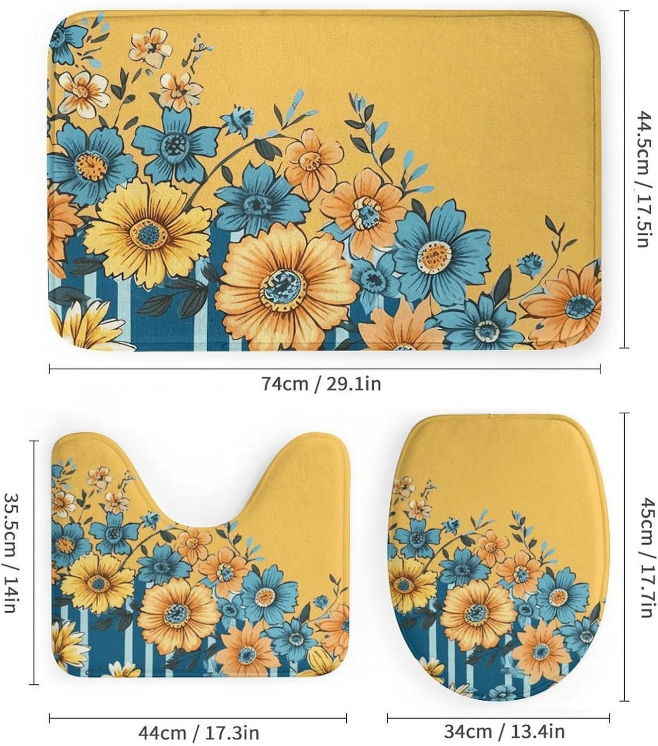Yellow and Blue Floral Shower Curtain Set 4 Piece, Non-Slip Bath Mat with Toilet Lid Cover and Waterproof Shower Curtain with 12 Hooks, Complete Bathroom Set for Home Decor