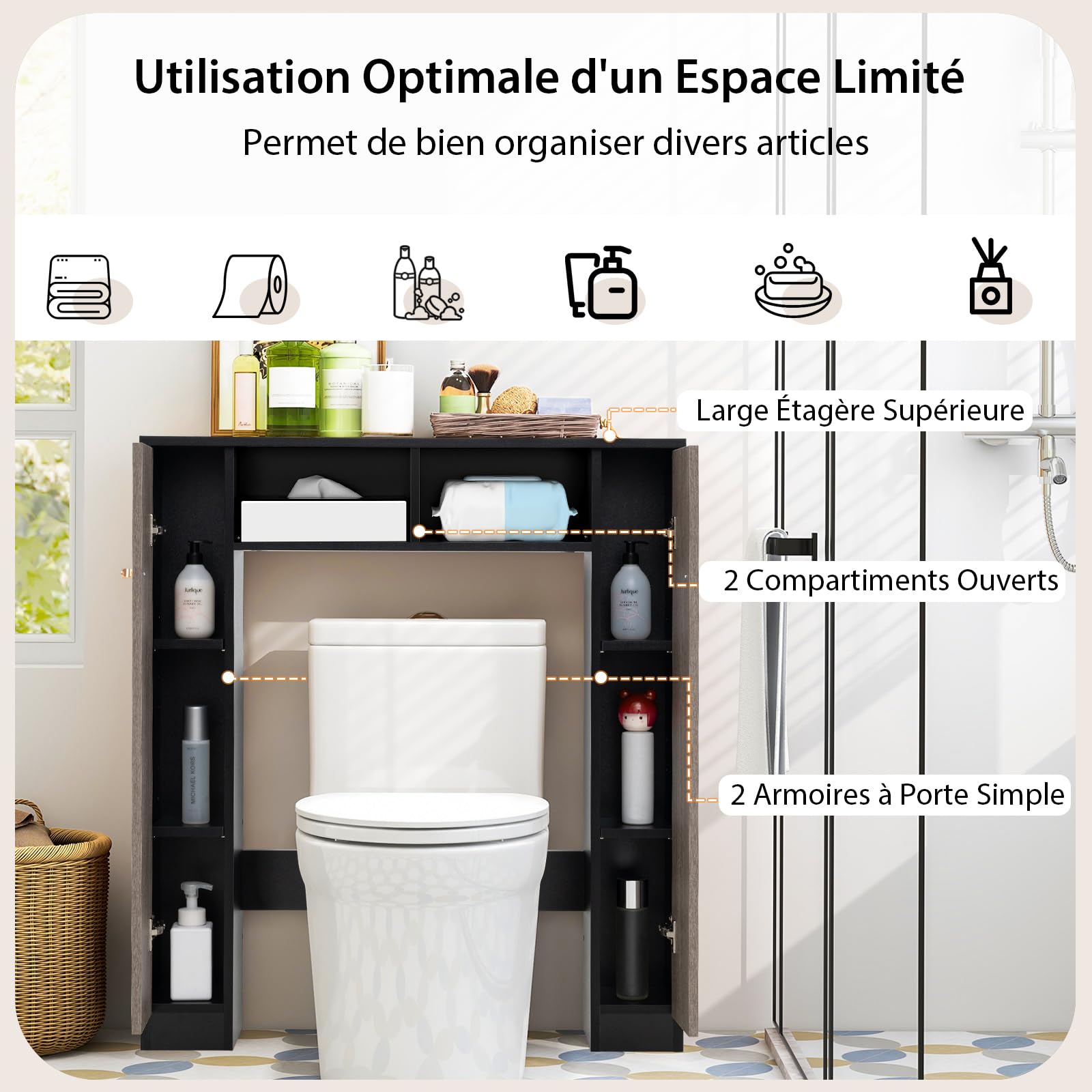 COSTWAY Meuble WC Au-Dessus de Toilettes, Meuble de Rangement avec 2 Compartiments Ouverts, 2 Placard avec 4 Étagères Réglables, Dispositif Anti-basculement, 18 x 87,5 x 98 cm (Gris+Noir)