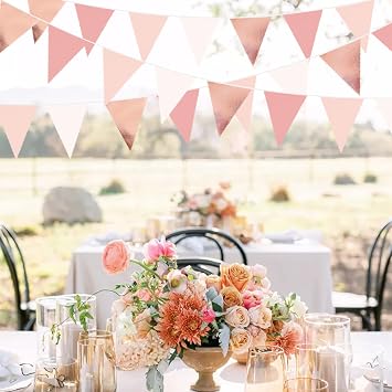 32Ft Dusty Blush Pink Rose Gold Bunting Banner Party Decorations Fabric Triangle Flag Pennant Garland Streamers for Birthday Wedding Baby Bridal Shower Anniversary Outdoor Garden Hanging Decoration