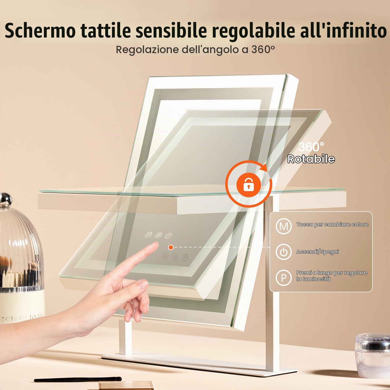 VEVOR Specchio per Trucco Illuminato con Lampadine LED Specchio per Trucco 3 Modalità di Illuminazione a Colori con Specchio Ingranditore 5X Rimovibile Controllo a Tocco Rotazione a 360°, 406x296mm