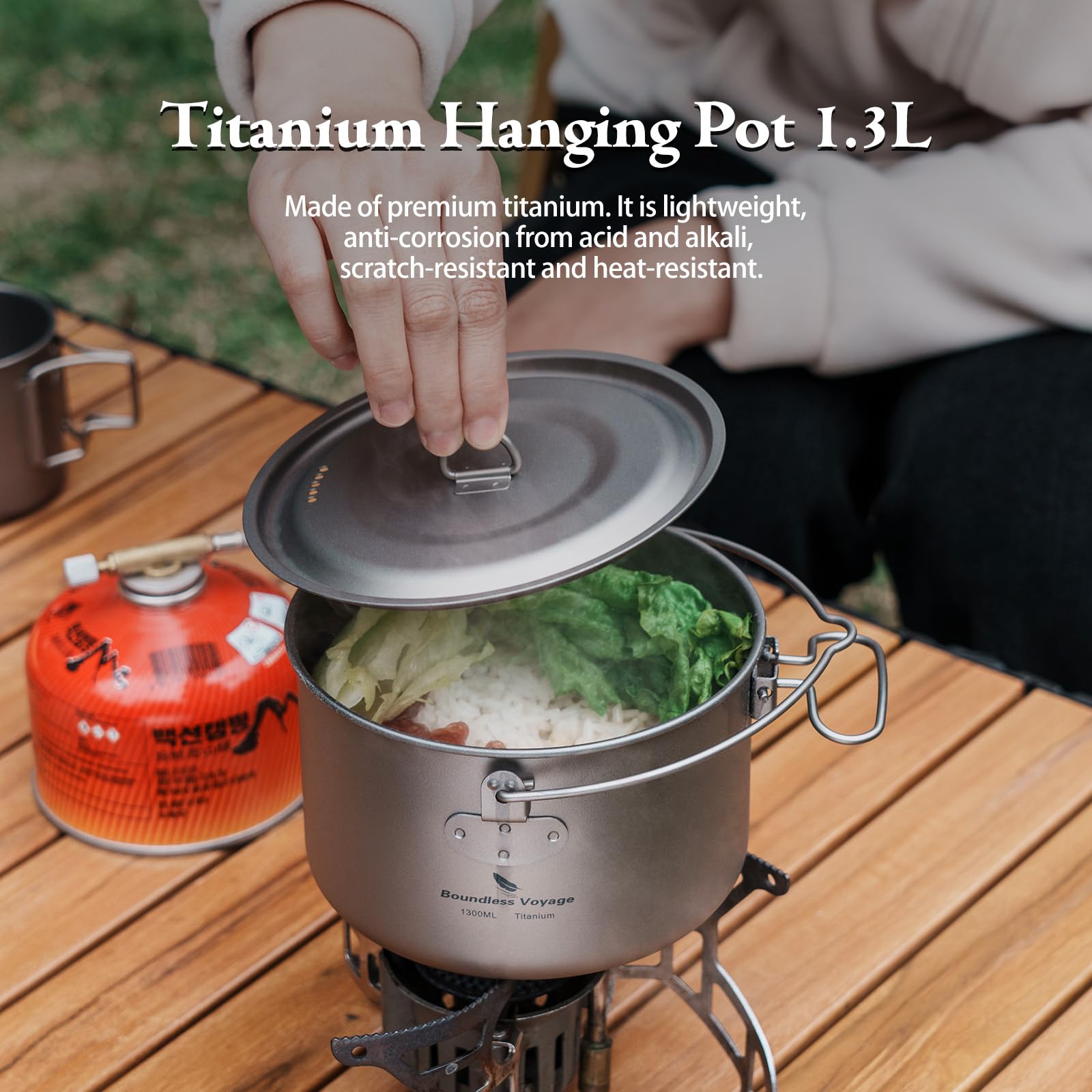 iBasingo Pot en Titane 1300ml Marmite à Soupe avec Couvercle Ustensiles de Cuisine d'extérieur Bol de Bouilloire léger