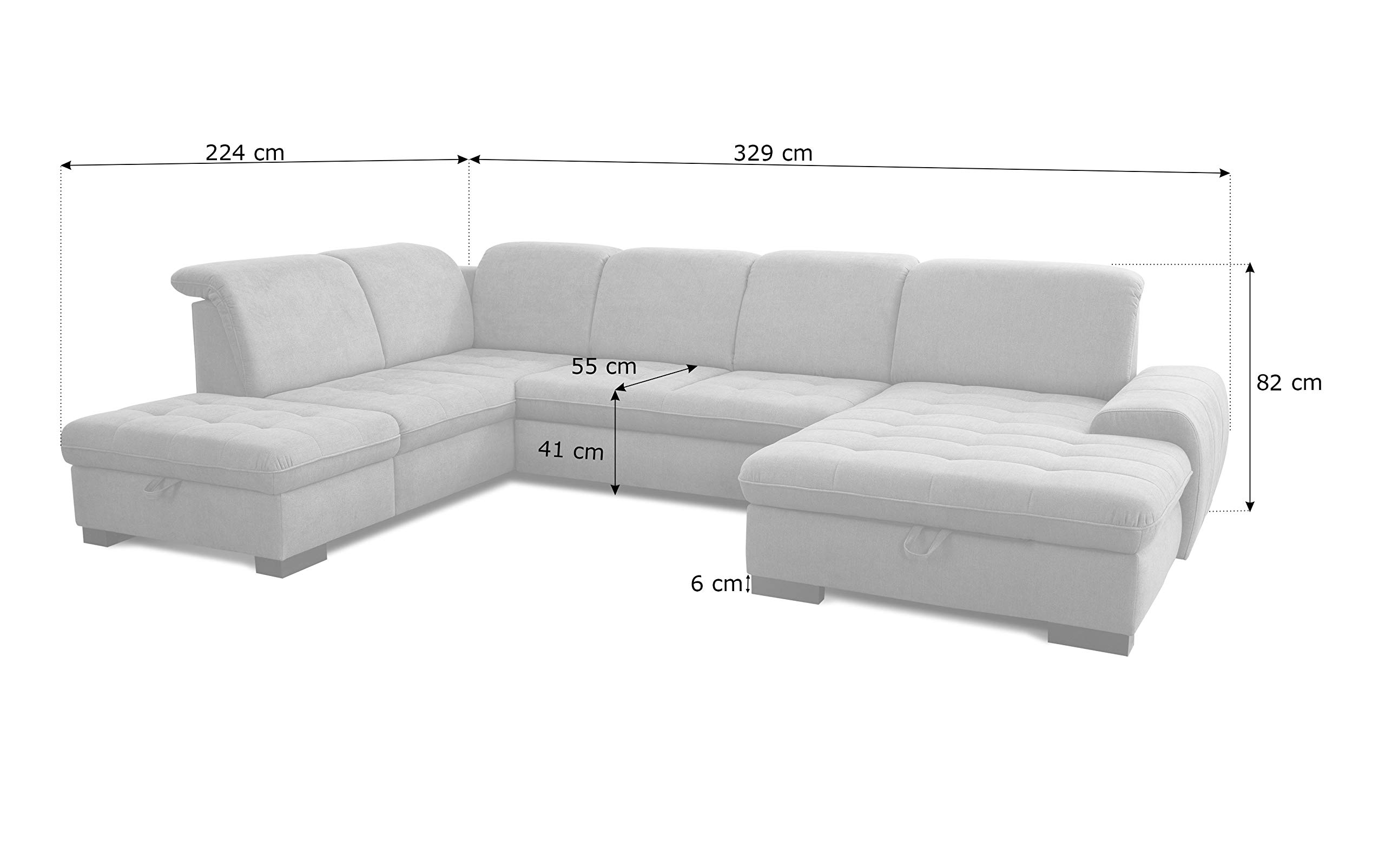 CAVADORE Wohnlandschaft Lexi / Große U-Form mit XXL-Longchair rechts und Kopfteilverstellung / Leichte Fleckenentfernung dank Soft Clean / 329 x 82-99 x 224 / Flachgewebe: Hellbraun