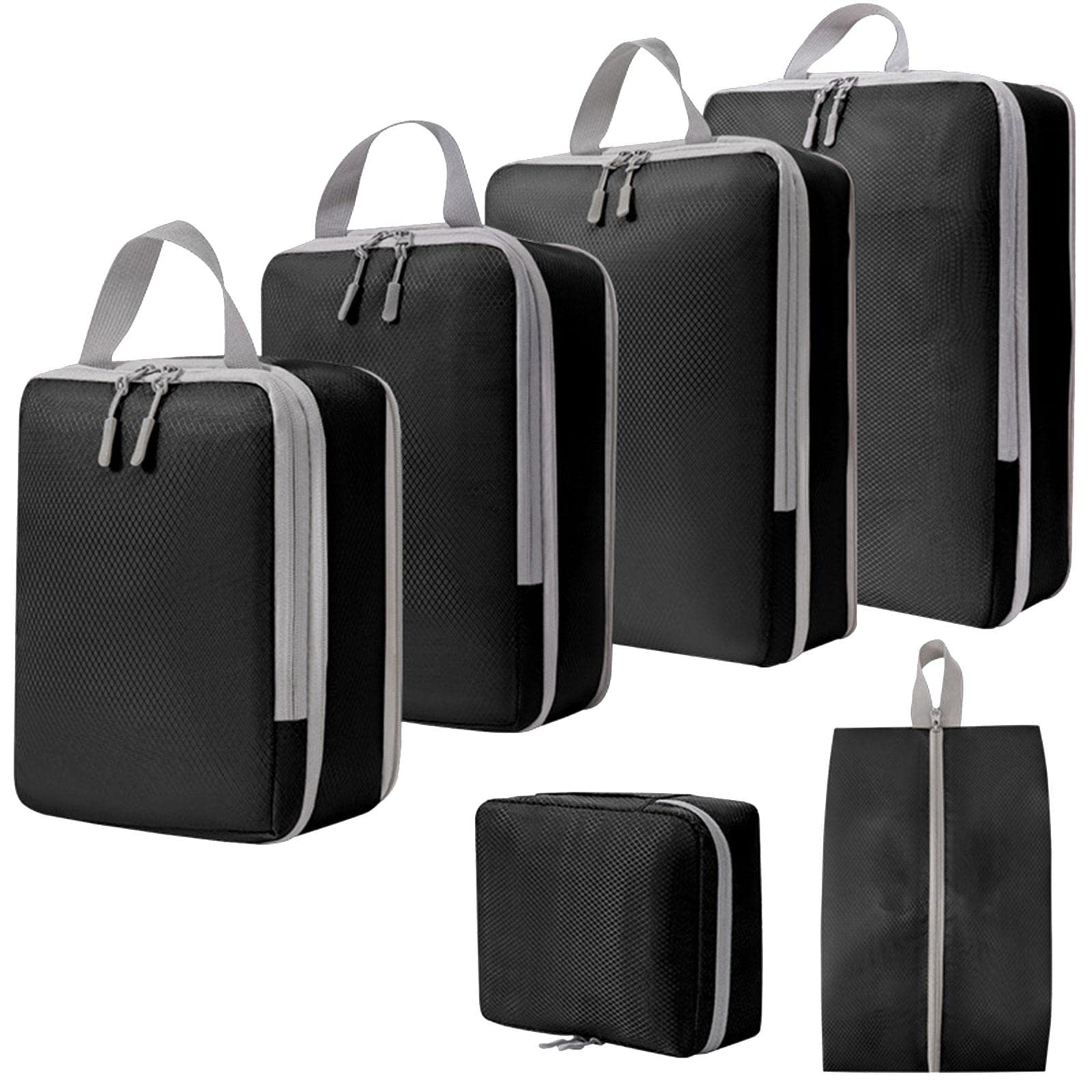 6 Pieces Compression Packing Cubes Laundry Bags for Holidays Outdoor Camping black-image-2