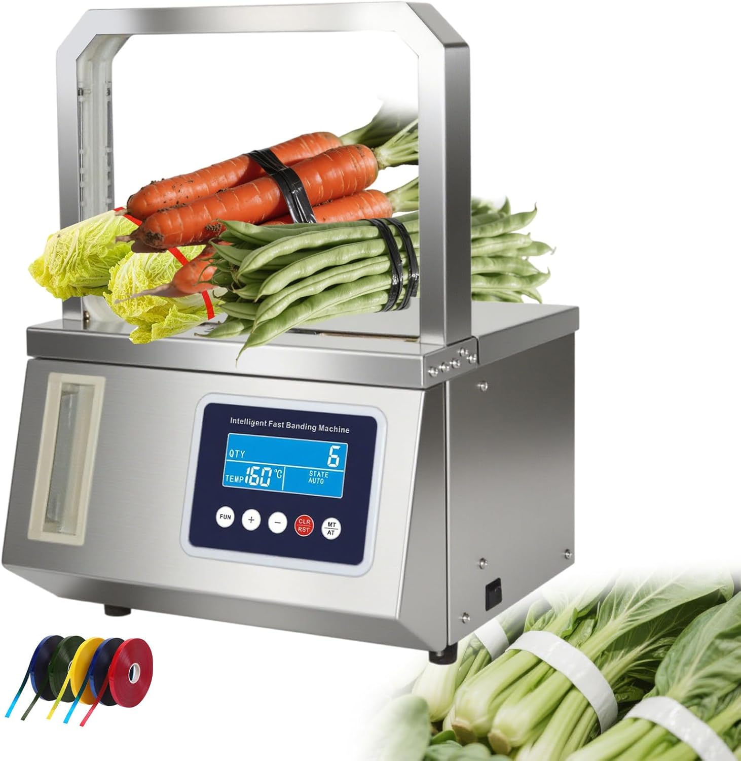Vegetable strapping machine220V/110V,stainless steel,adjustable tension,Auto Heat-Seal OPP Strapping Machine,for farm packaging, commercial kitchen use, fresh produce bundling 110V60Hz