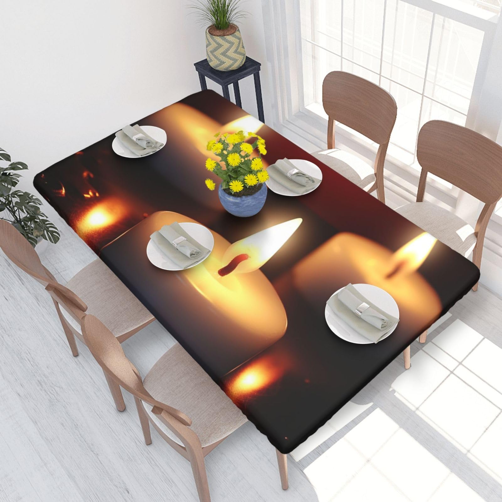 Candle Waterproof Square Table Cover Elastic Fitted Tablecloth Oil Proof Table Protector For 4ft Table