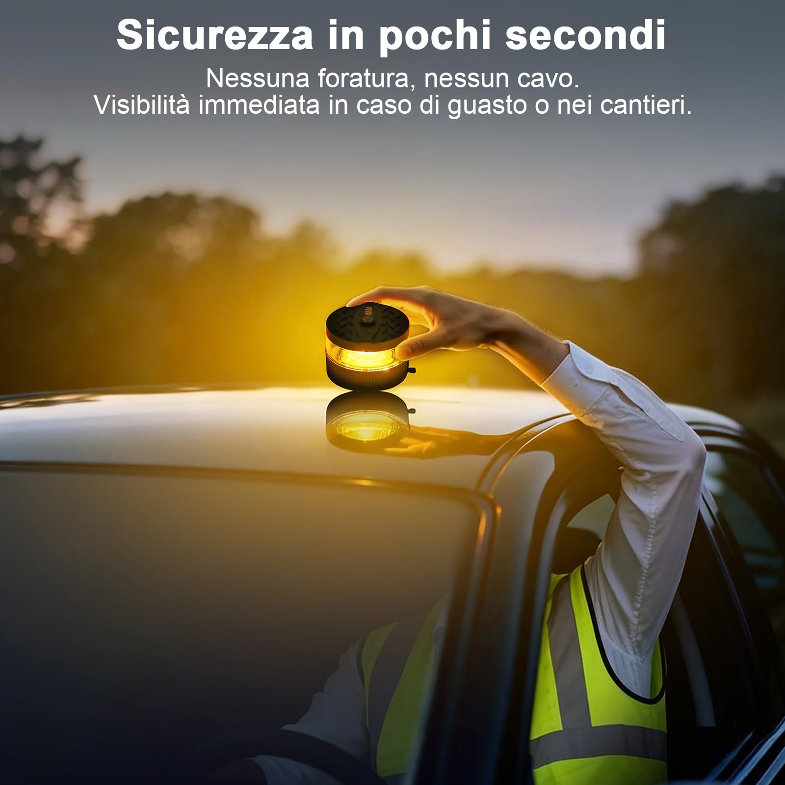 Lampeggiante LED Auto Magnetico Ricaricabile, 32 LED Arancione, USB-C & Impermeabile IP67, 8 Modalità Flash & Visibilità 200m per Camion, Trattore, Muletto, Rimorchio & Emergenza