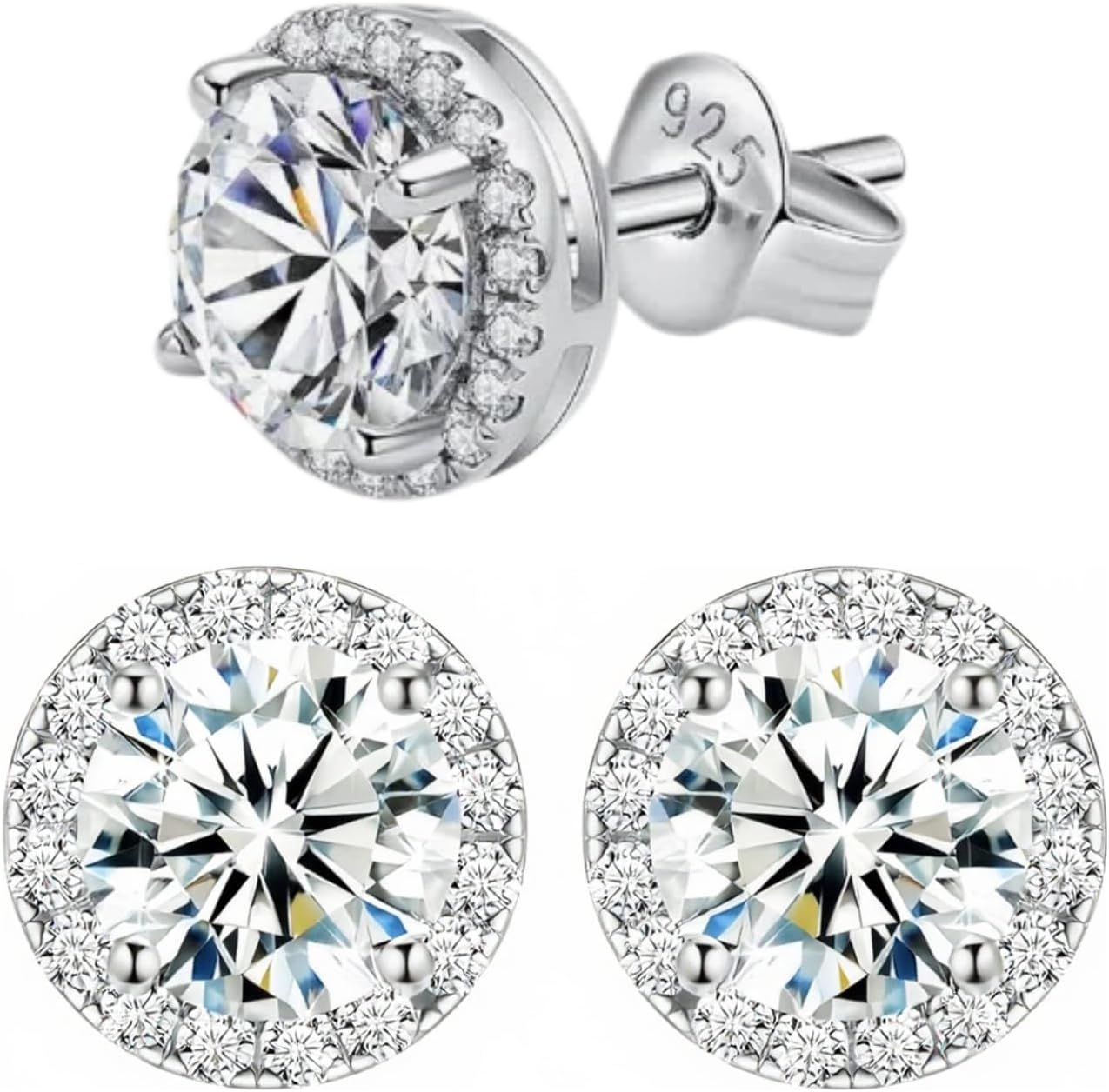 Moissanite Stud Earrings for Women & Men, 18K White Gold Plated 925 Sterling Silver, D Color VVS1 Round Brilliant Cut, Secure Push Back Fit Hypoallergenic Daily Wear Jewelry