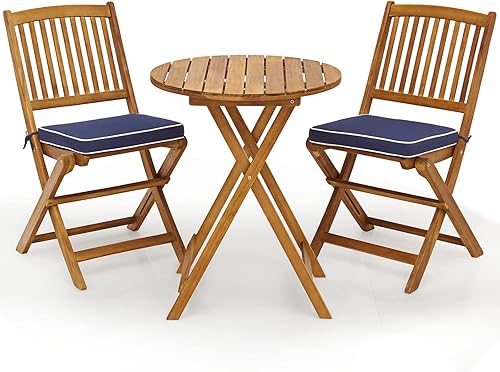 Miniatura 10 de HAPPYGRILL Juego de mesa y silla de 3 piezas con cojines plegables de madera y mesa auxiliar para balcón, jardín, patio trasero