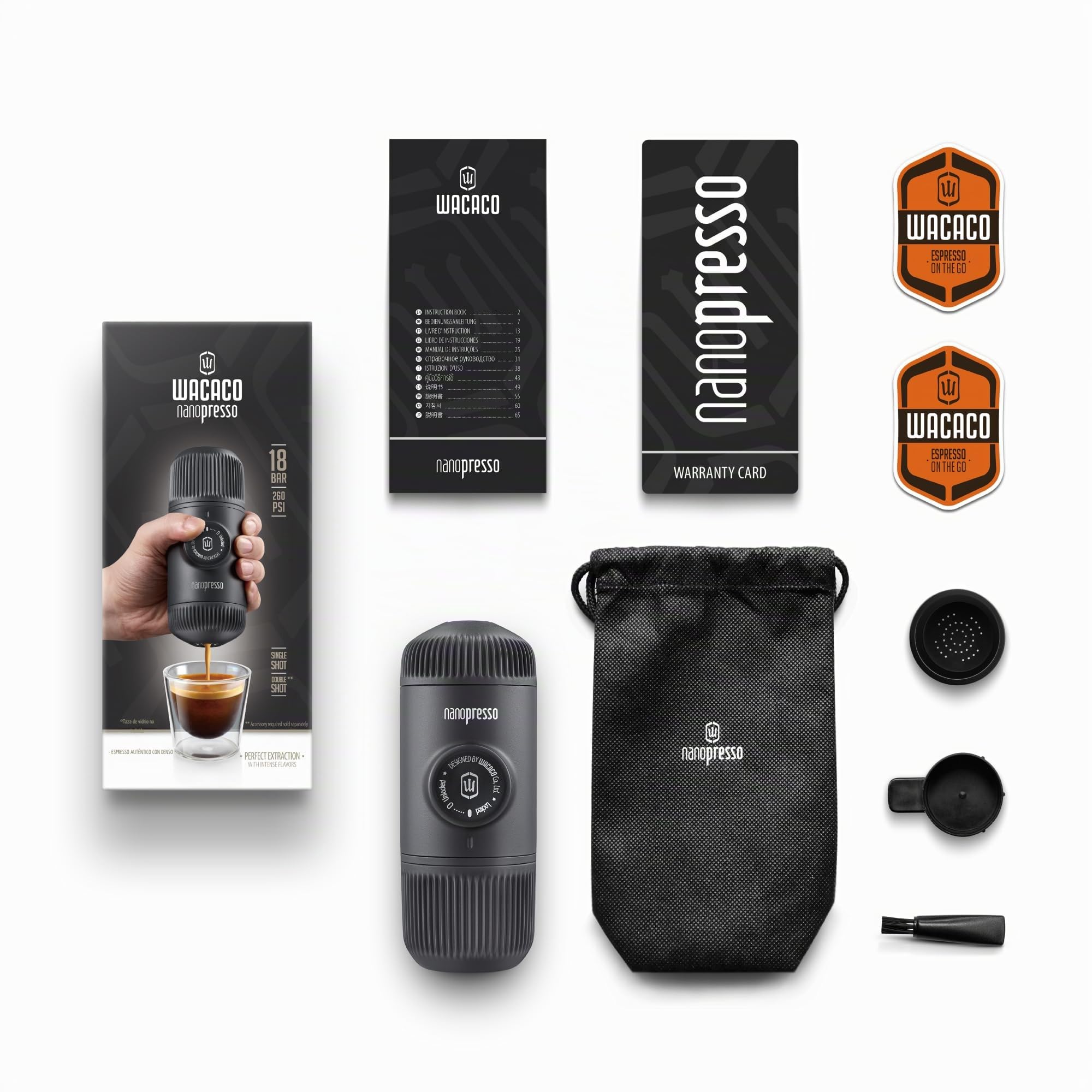 WACACO Nanopresso Cafetera Espresso Portátil, Versión Mejorada de Minipresso, 18 Bar de Presión, Cafetera de Viaje, Operada Manualmente, Mini Máquina de Café para Camping, Gris