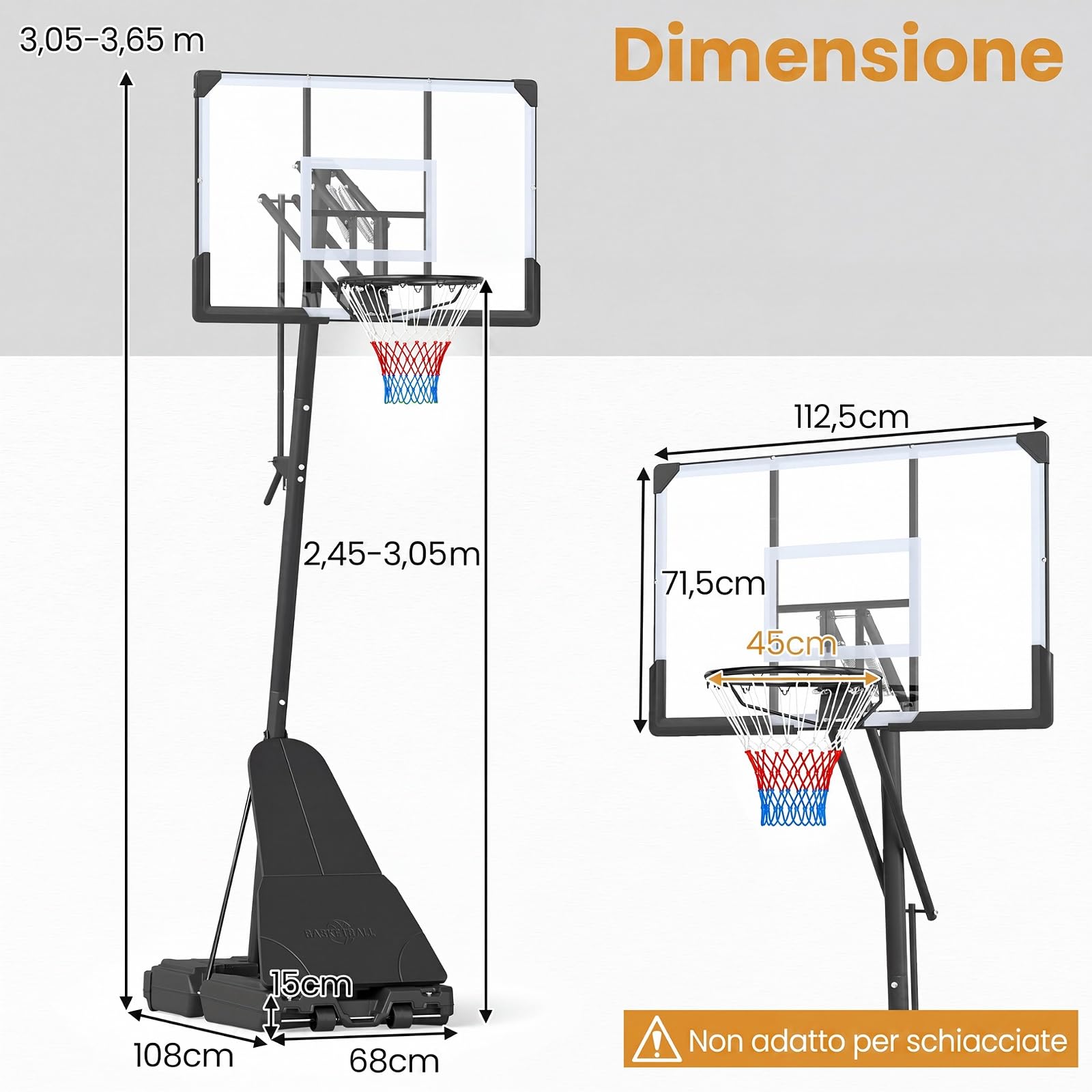COSTWAY Canestro Basket da Esterno, Canestro da Basket Professionale con Altezza Regolabile 245-305 cm, Portatile con Ruote, Base Riempibile, Sistema di Ritorno e Tabellone Infrangibile | Altezza Regolazione a 5 Livelli 245-305 cm, Base Riempibile, Tabell
