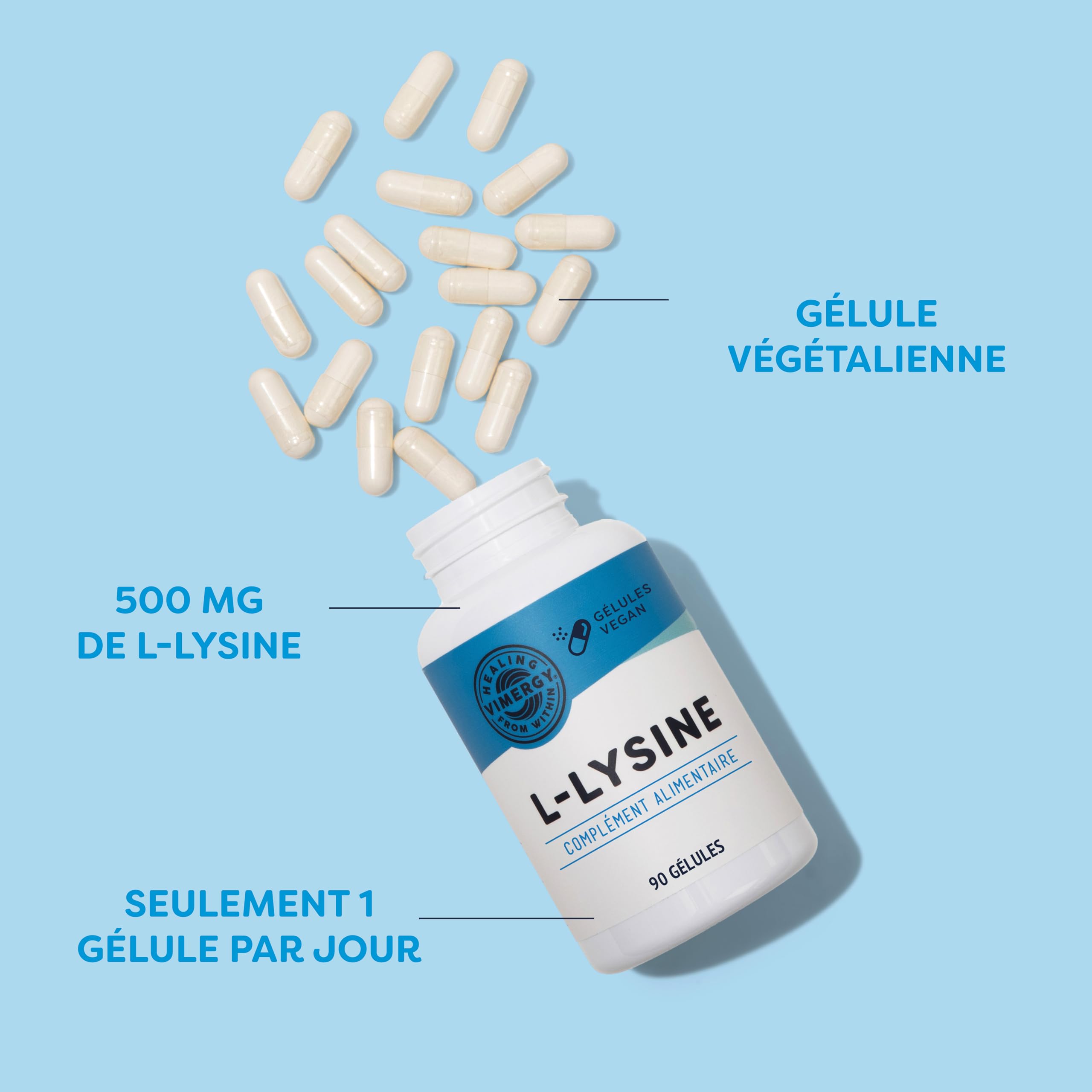 Vimergy L-Lysine Gélules de 500 MG, 90 Portions – Acide Aminé Essentiel – Gélule Végétalienne sans Agent Gélifiant - Sans OGM, Gluten ni Gélatine, Casher (90 unités)