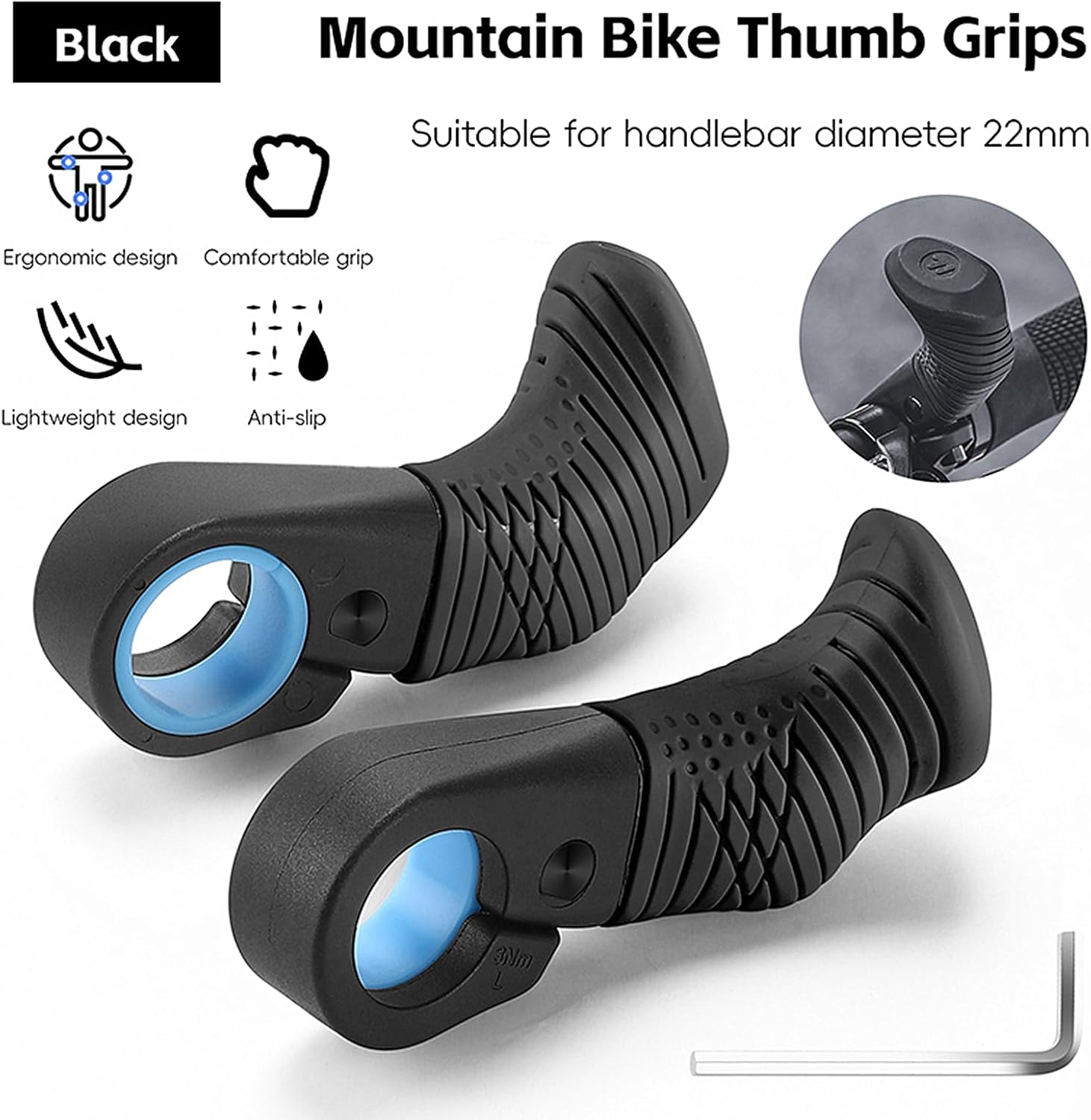 Ergonomic Bike Handlebar Ends - MTB Thumb Rest Grips for 22.2mm Handlebars - Anti-Slip TPE Rubber Bicycle Bar Ends to Relieve Wrist Pressure & Numbness - Adjustable Forearm Support