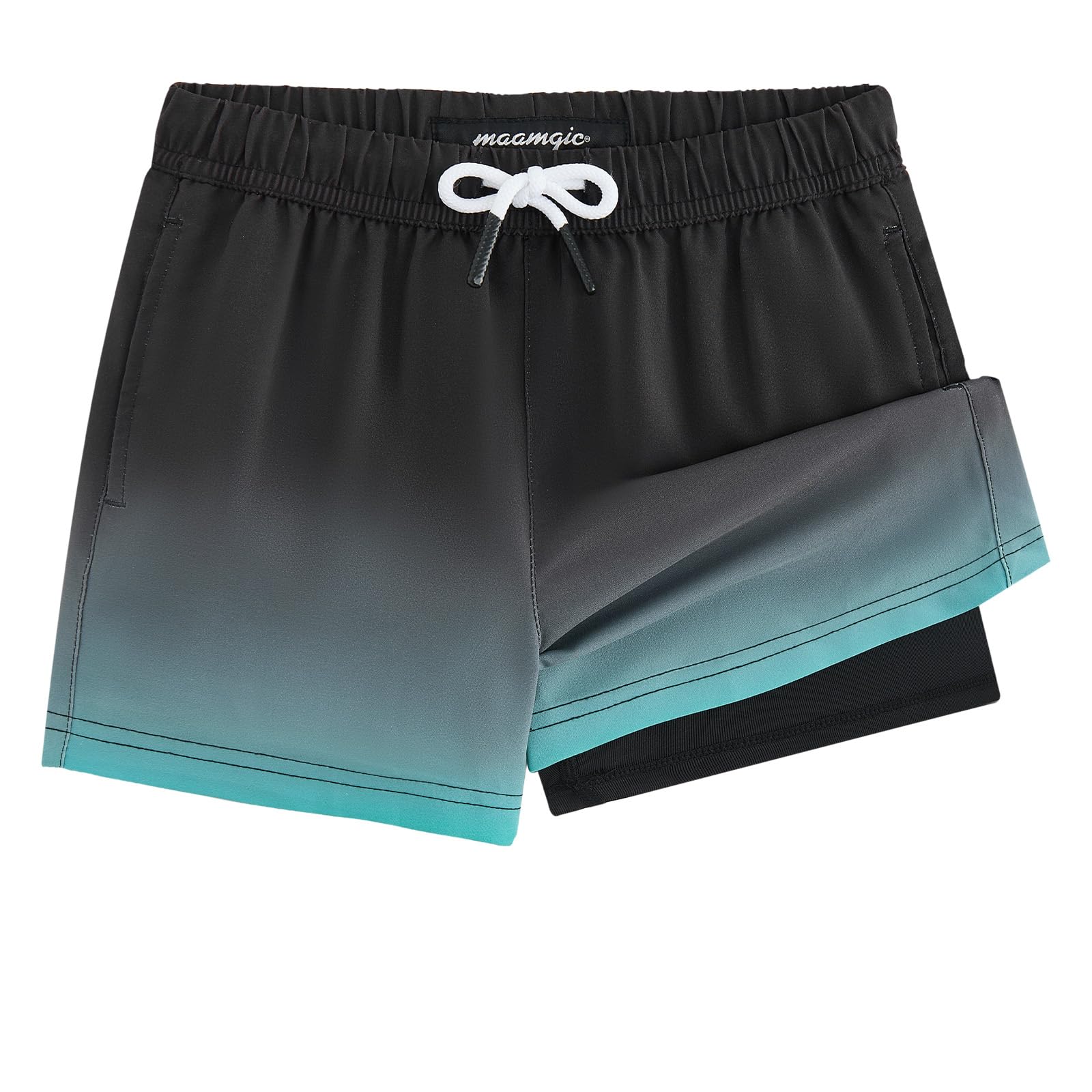 MaaMgic Jungen-Badeshorts, 2-in-1-Boxershorts, Kompressionsfutter, Kleinkind-Badehose, dehnbar, schnell trocknend, Anti-Scheuer-Badeanzüge mit Taschen