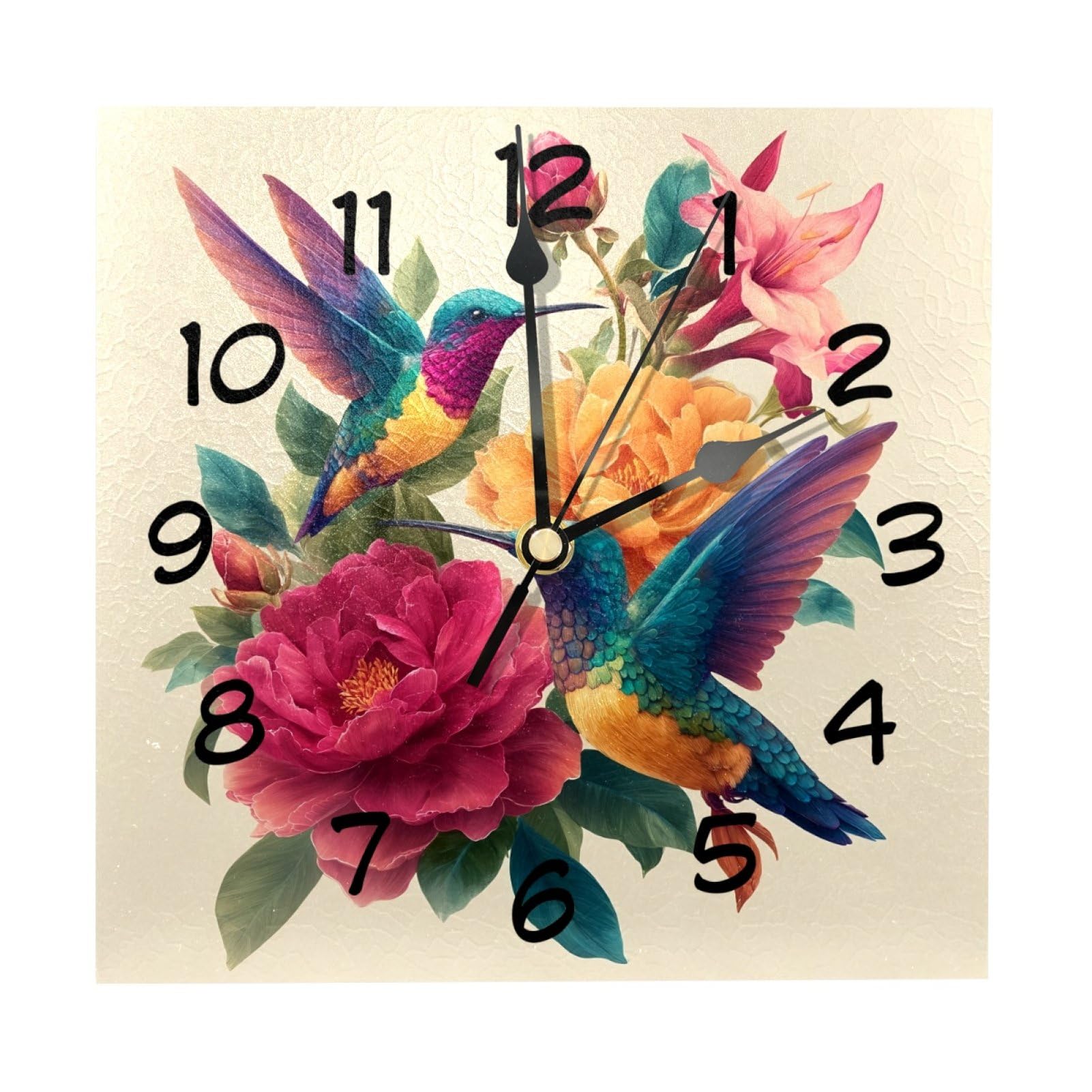 etoenbrc 8 Inch Square Wall Clock Silent Non-Ticking Hummingbirds and Flowers Clock Battery Operated, Wooden Clock Decorative for Kitchen, Living Room Bedroom Office