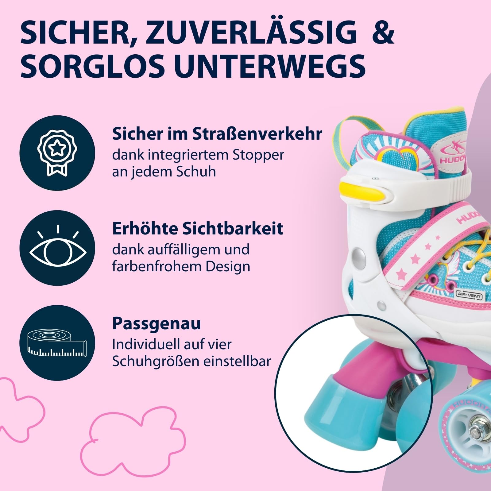 HUDORA Roller Skates Wonders in versch. Größen - Bequeme Kinder Rollschuhe über 4 Größen verstellbar - stilvolle Rollschuhe für Kinder bis 60 kg - Roller Schuhe aus hochwertigem Nylon