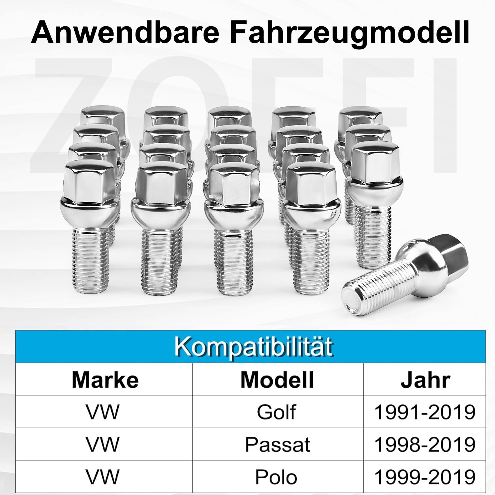 Radschrauben M14x1,5 Ersatz für VW Golf Passat CC für Audi A4 A6, 20 Stück Kugel R12 Kugelbund SW17 Schaftlänge 28mm