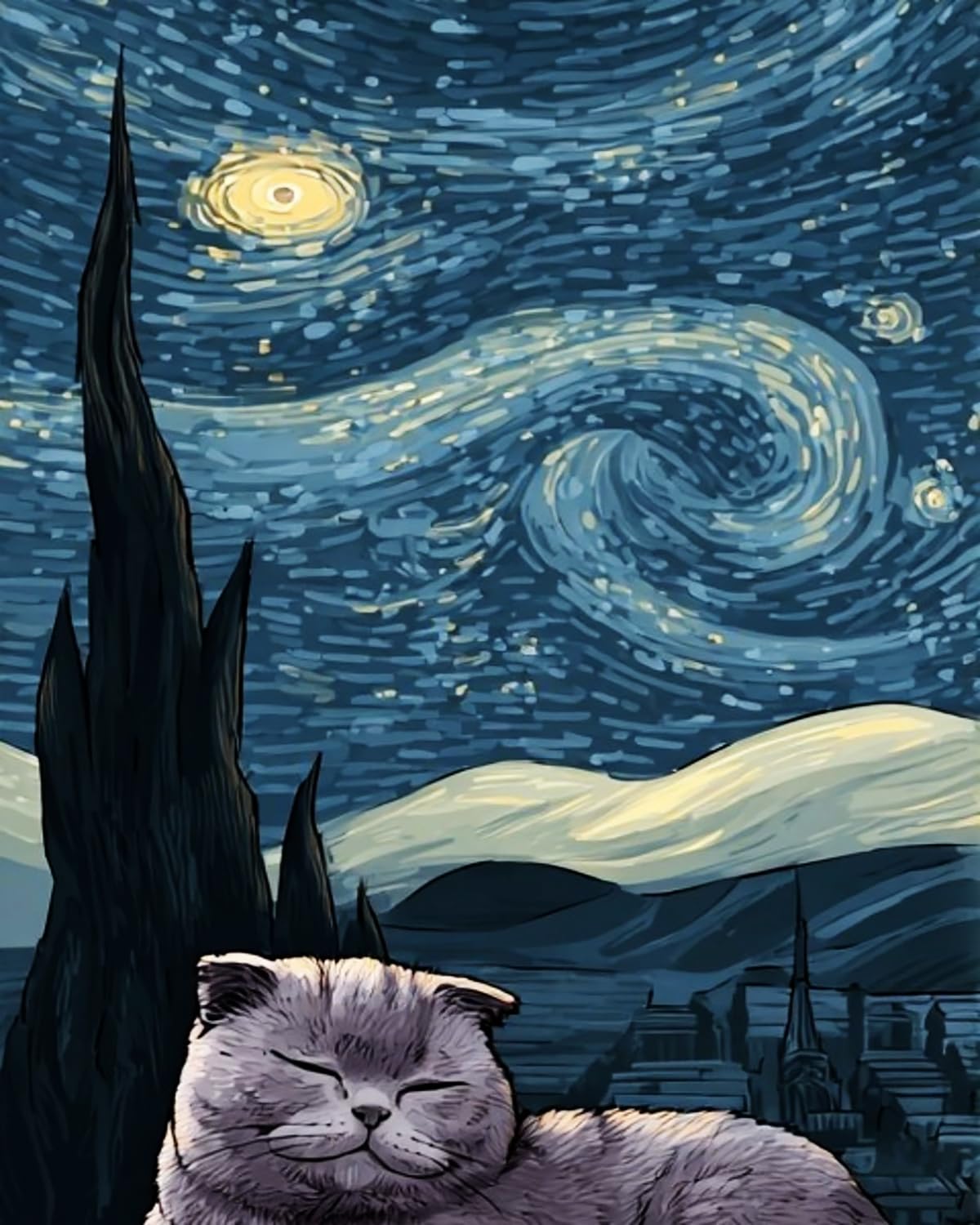 Liubaishi Multicolour Paint By Numbers For Adults, Starry Night Sleeping Cat, 40X50 Cm Acrylic Canvas Kit