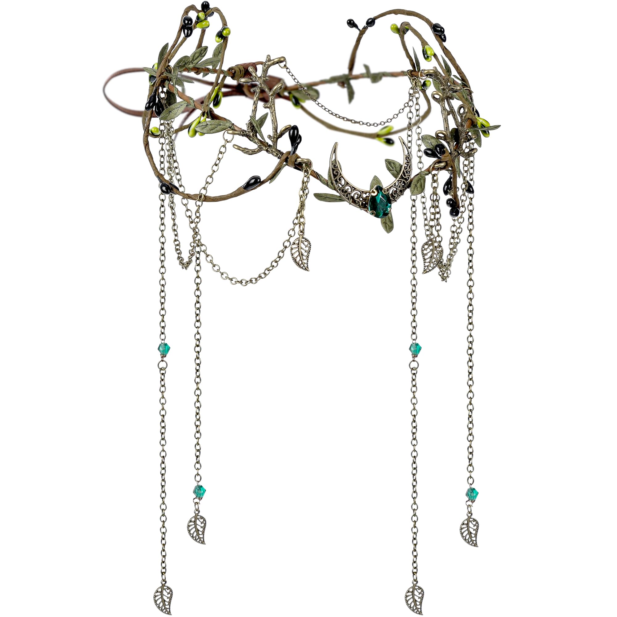 MOSTORY Viking Fairy Crown for Forest Medieval Costume Women, Green Headpiece with Tassel and Moon for Elf Cosplay Carnival Halloween Book Day Festival Season Outfit Accessories