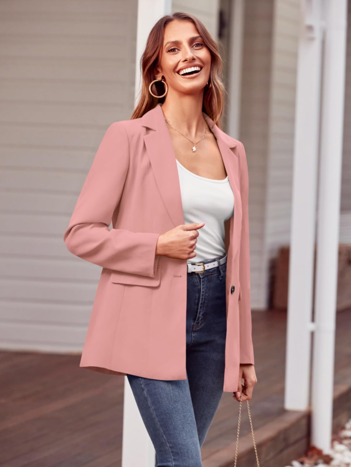 MASCOMODA Casual Blazer Jackets for Women 2024 Fall Long Sleeve Open Front Button Work Office Suit Jacket with Pockets