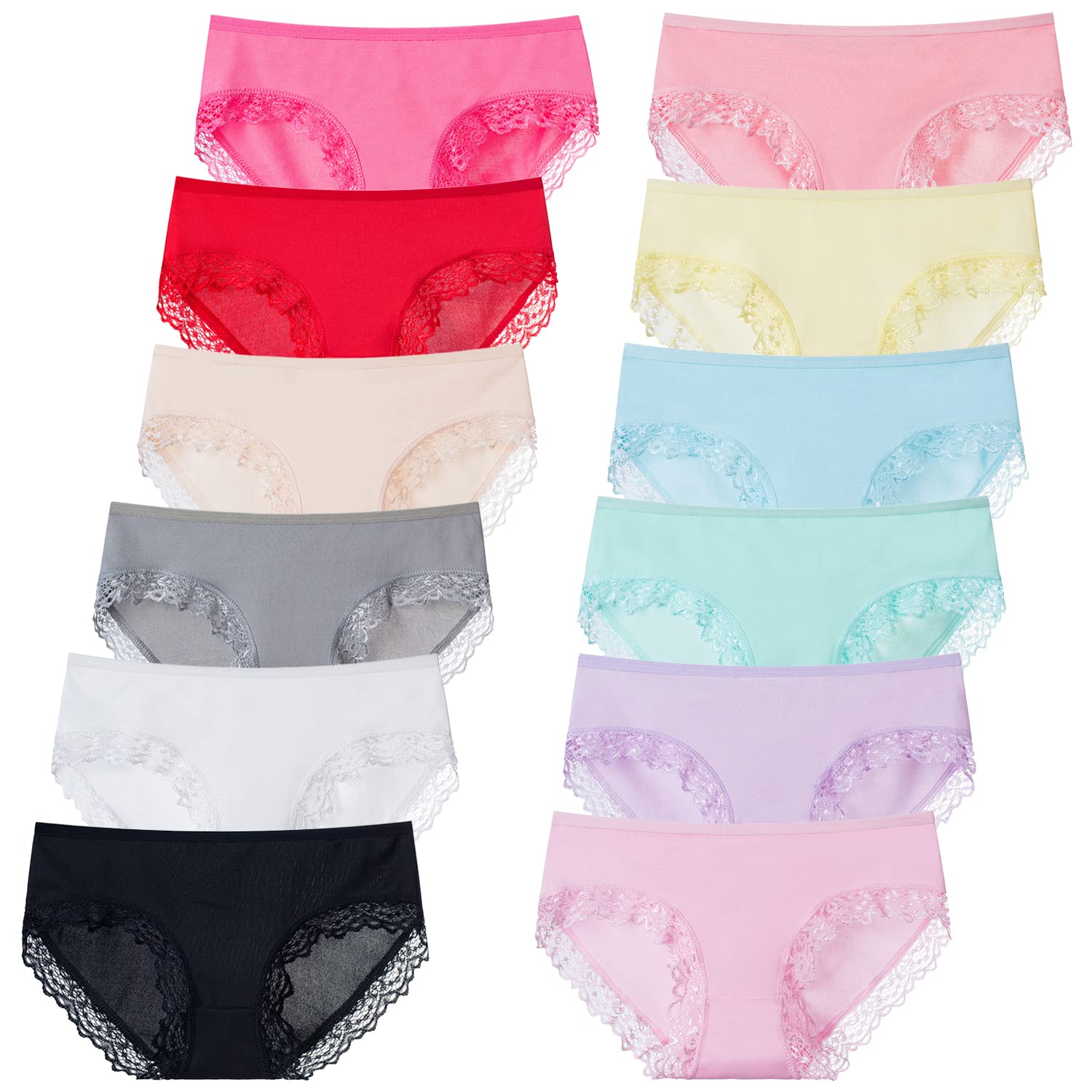 Teen Girls Knickers 12 Pack Lace Briefs Breathable Underwear Middle Waist Hipster Bikini Kids Soft Stretch Underpants for 8-18 Years