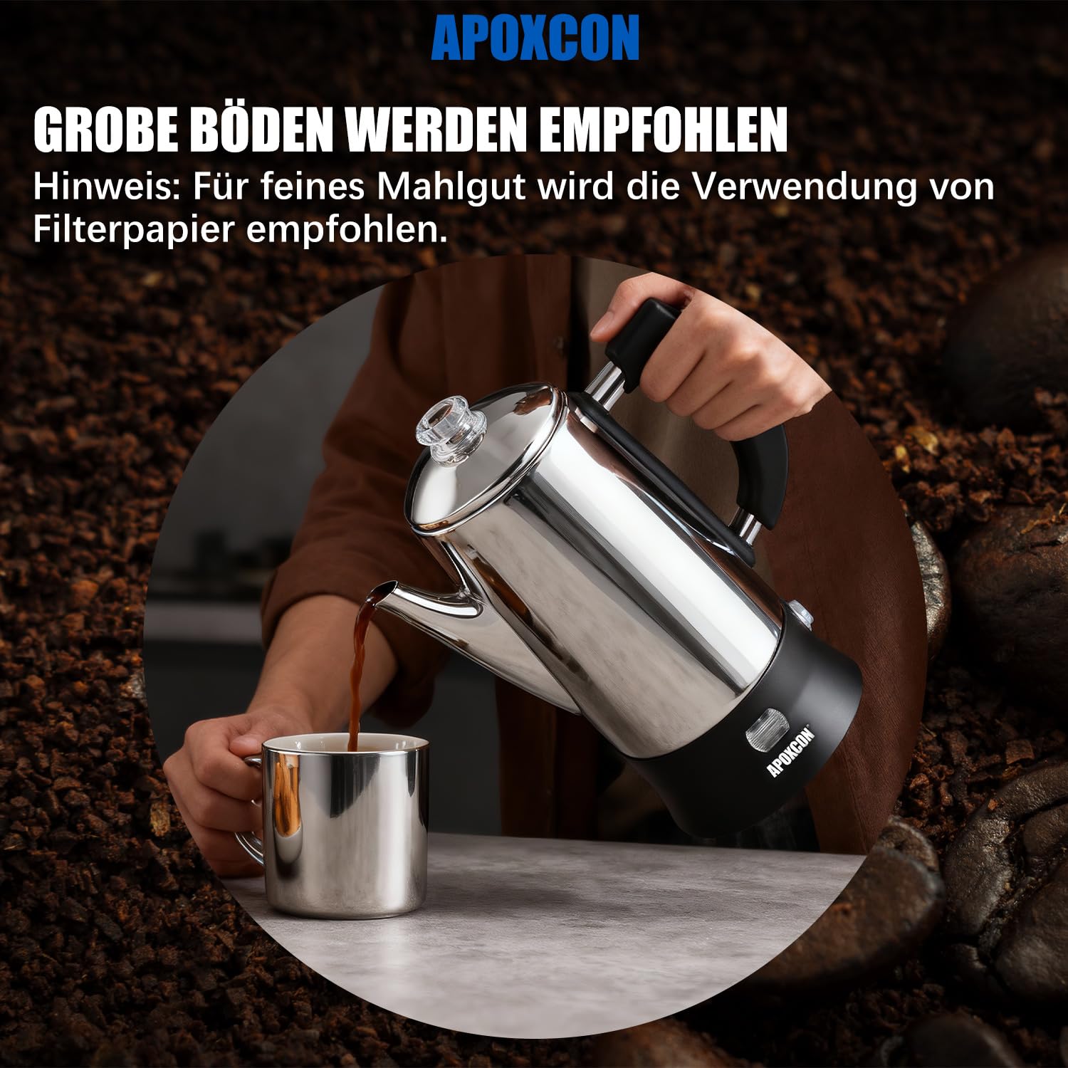APOXCON Edelstahl Kaffeekanne Elektrisch, mit sichtbarem Brühknopf, cordless Servieren, aluminiumfrei,12 Tassen