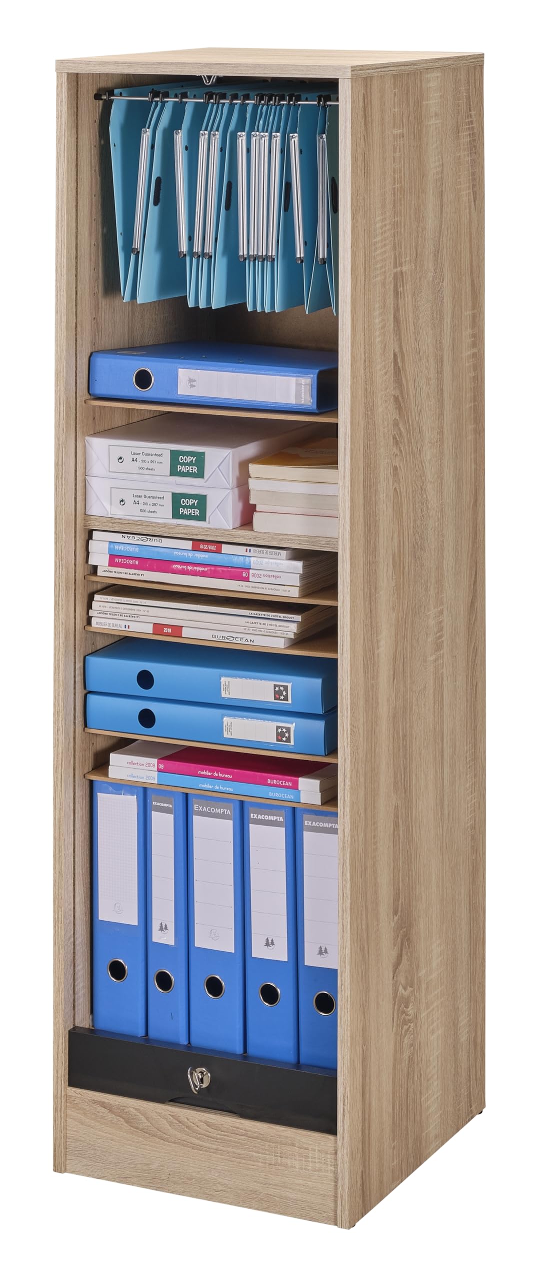 SIMMOB Classeur à Rideau 8 Tablettes 1 Kit Dossiers Serrure L 41,4 H 140,4 P 44 cm - Chêne + Rideau Noir