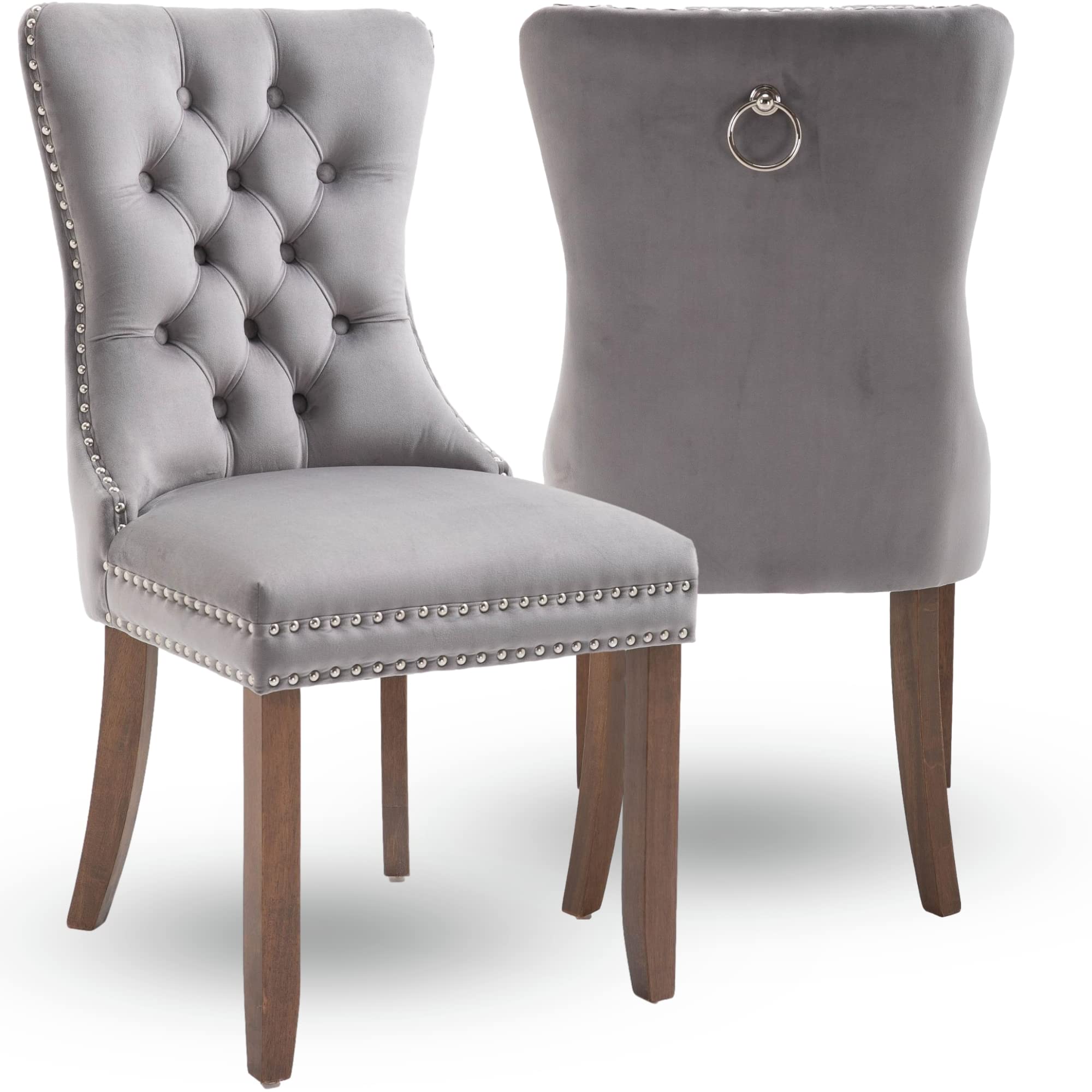 J and K Set of 2 Modern Upholstered Fabric Dining Chair with Nailhead Trim and Button Tufted Back (Gray),DO-8243,23.6 x 19.7 x 37.4 inches