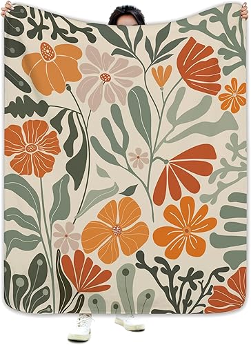 Miyotaa Manta de flores retro verde salvia naranja de 50 pulgadas de ancho x 60 pulgadas de alto, Matisse Groovy 70s, regalo estético moderno y