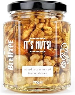 BeeHype It's Nuts! - Mixed Nuts in Pure Raw Acacia Honey with Natural Enzymes, Vitamins, Minerals, Antioxidants and 14g of Protein Per Jar - 215g