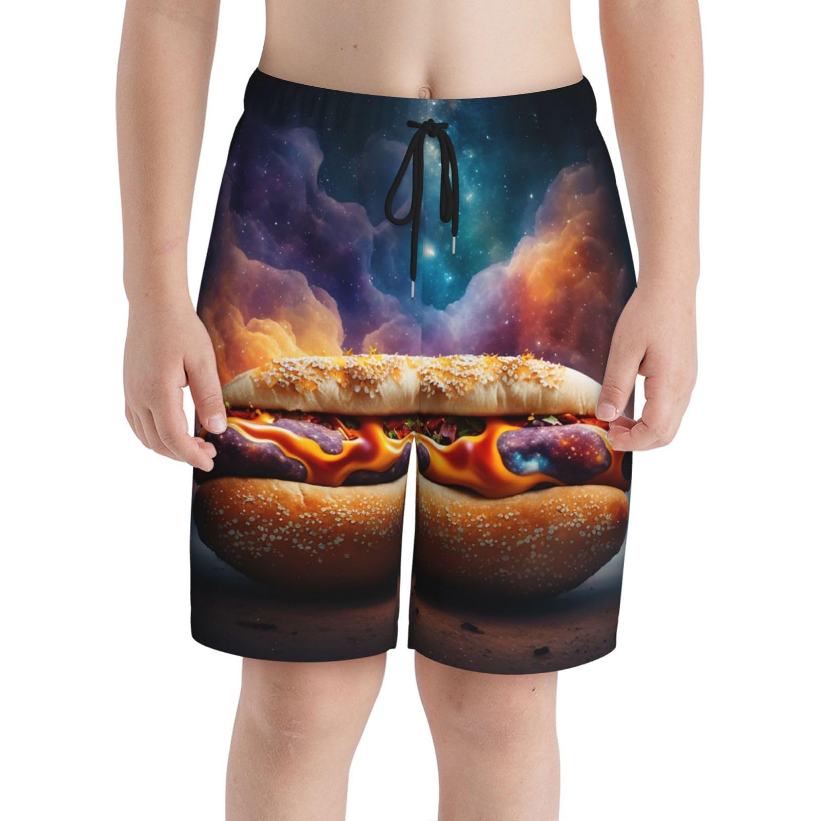 Hot Dog Hamburg Galaxy Universe Funny Boys Swim Trunks Swim Board for Teen Kid Shorts Surf Swimming Beach Trunks Small Black