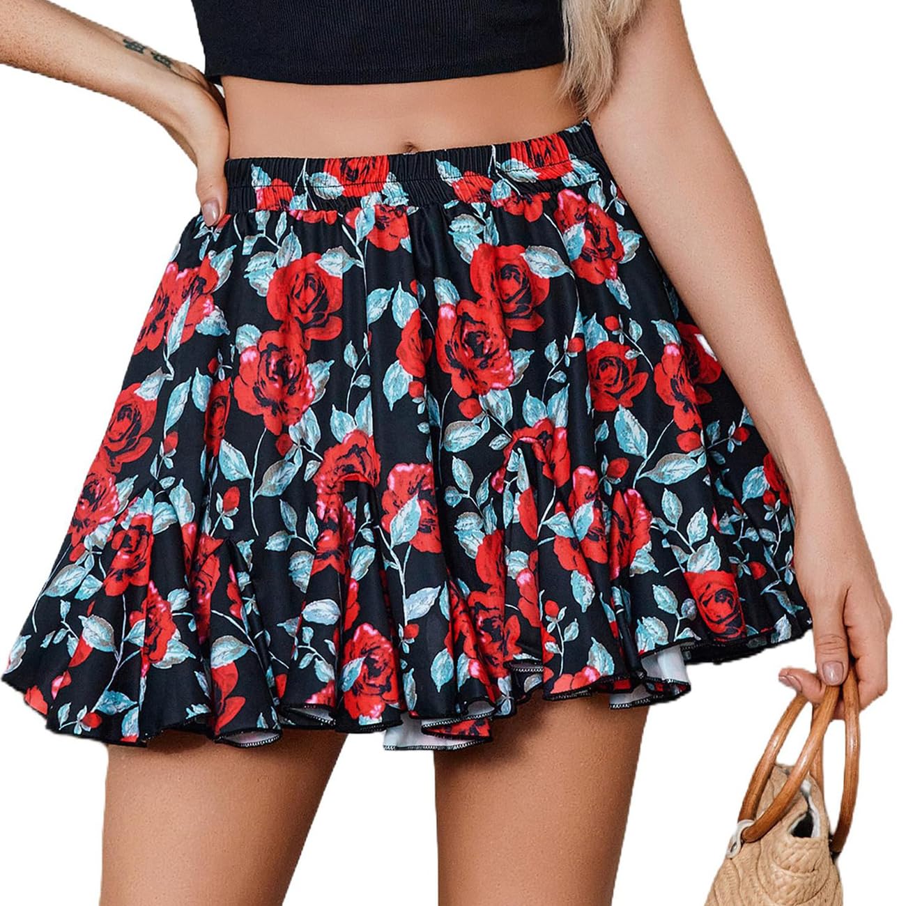 Vcindai Damen Sommer Rock Kurz Sommerrock Blumen Faltenrock Sicherheitsrock