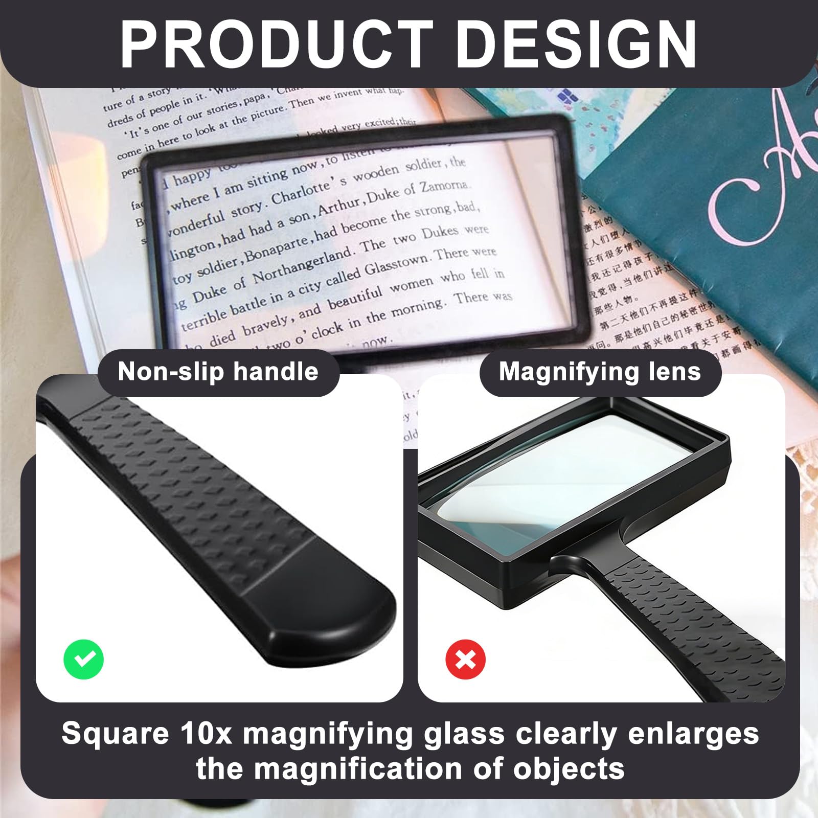 Lupa para Leer 10x, Lupa de Mano con Lente de Vidrio HD Rectangular para Lectura de Libros, Periódicos y Mapas, Color Negro (170g), Ideal para Personas Mayores y Aficionados