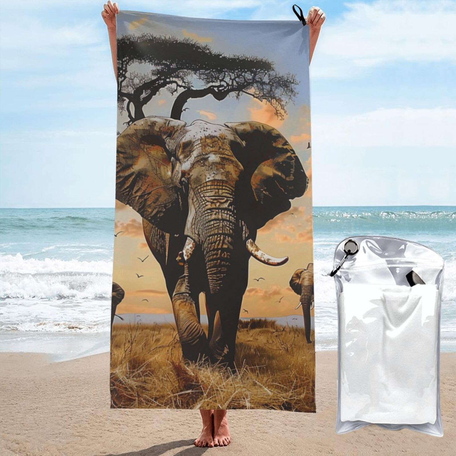 kkvhhyuo Microfiber Beach Towel, African Elephant Printed Lightweight Quick Dry Travel Bath Sheet with Compact Carry Bag for Swimming Yoga Camping Gym,27.5"x55"