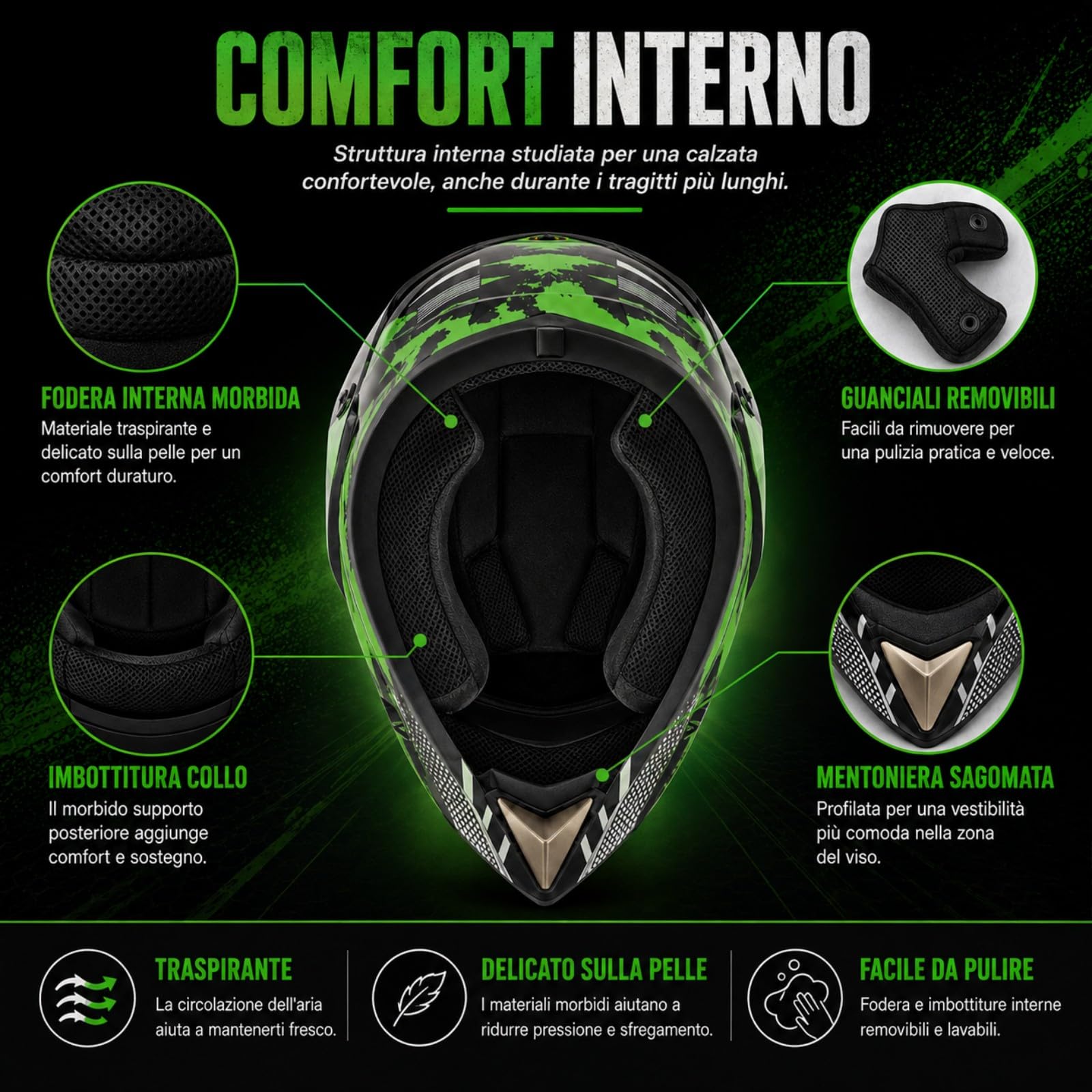 Casco Integrale MTB BMX nero e verde acceso con Occhiali e Guanti