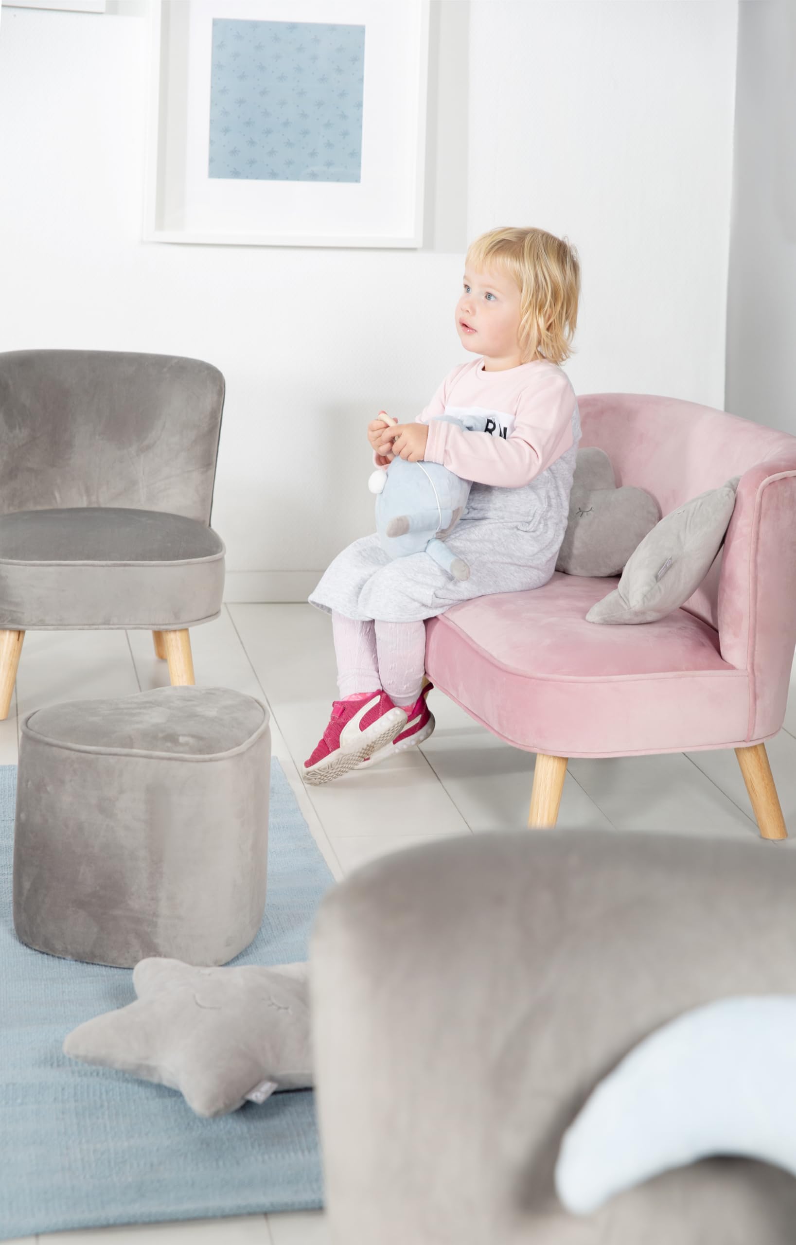 roba Kanapa dziecięca Lil Sofa dla dziewczynek i chłopców - Wygodna kanapa dla dzieci - Stabilne drewniane nóżki - Materiał z weluru w kolorze różowym