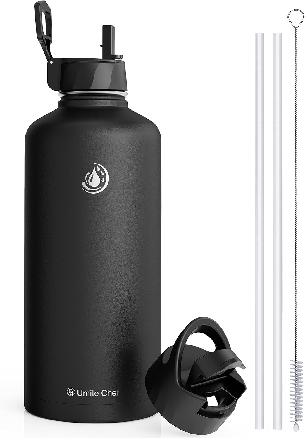 Umite Chef 87 OZ Vacuum Sport Insulated Water Bottle, Sweat Proof Thermos Mug, Wide Mouth Water Flask with 2 Leak Proof Lids, Hot Cold, Double Walled Jug for Sports, Outdoor(Black)