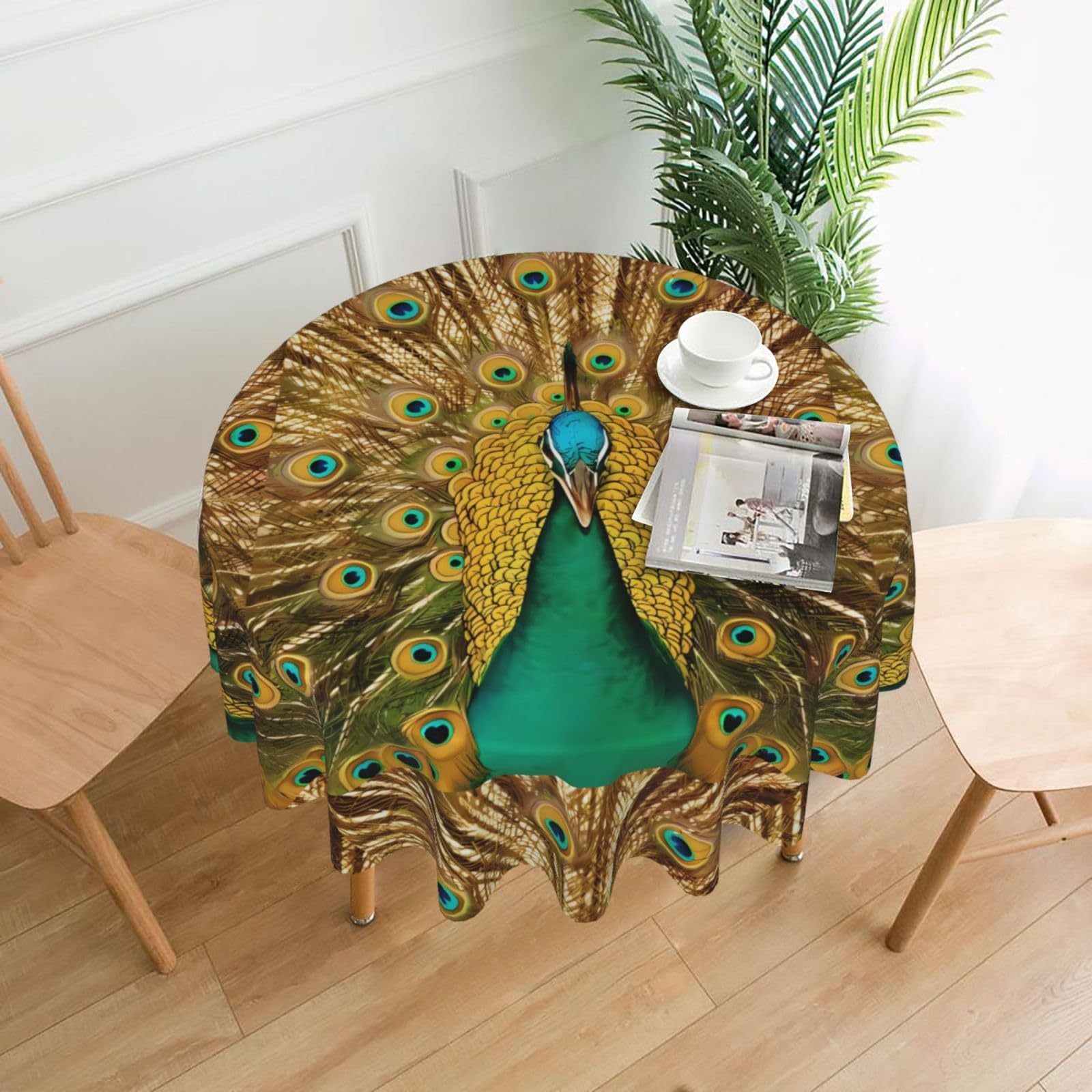 Whjssf Black Peacock Prints Round Decorative Tablecloth 60In - High-Grade Polyester Table Throw For Dining & Outdoor Parties