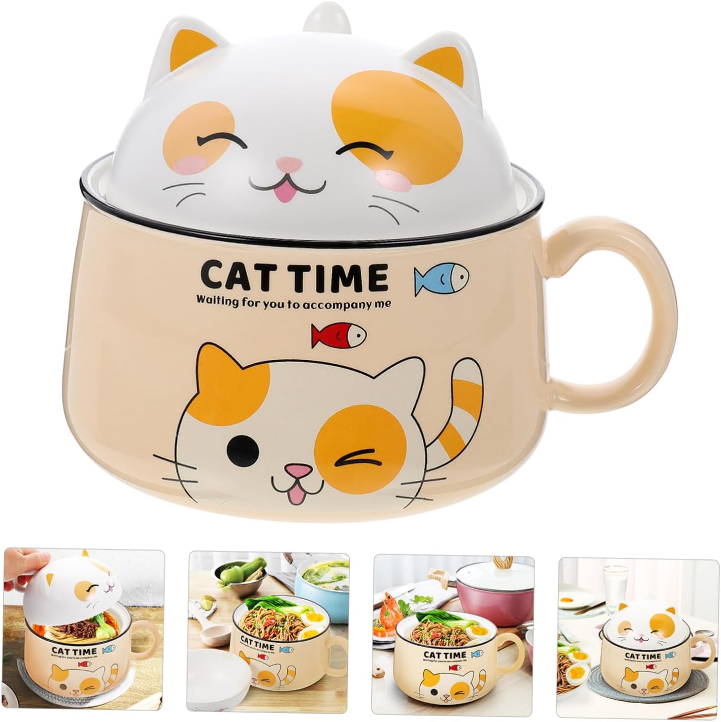 Ciieeo Decorative Cartoon Ceramic Bowl for Instant Noodles Cat-themed Multi-purpose Soup Bowl Easy to Clean and Store for Kitchen Decor and Everyday Use