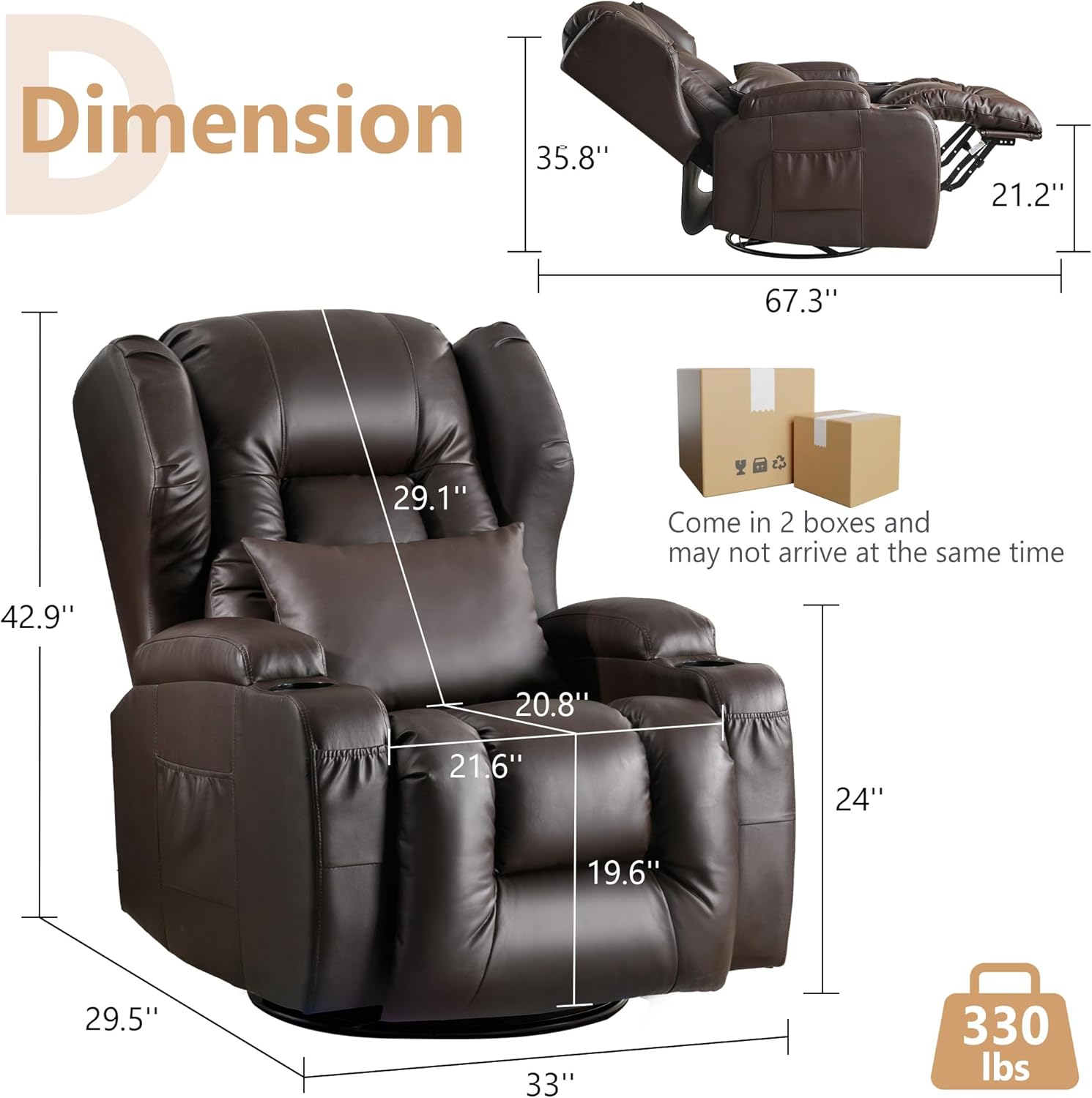 DRMBOOK Dual Motor Power Swivel Rocker Recliner Chairs, Electric Wall Hugger Reclining Sofa with Massage & Heat, Comfy Theater Seating with LED Light/USB/Type-C Ports (Leather Brown, Single Chair)