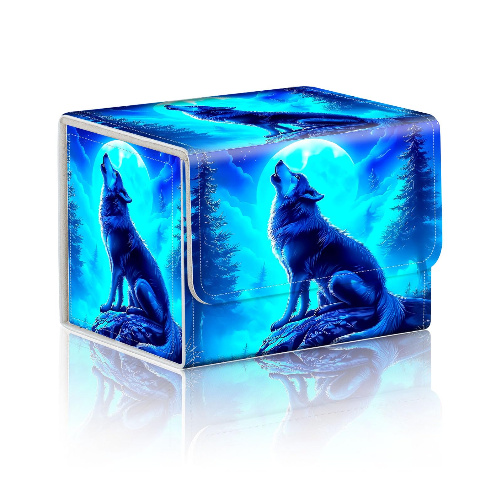 Caja de almacenamiento de tarjetas intercambiables, piel sintética de alta calidad con cierre magnético, capacidad para más de 100 tarjetas MTG, lobo aullando a Blue Moon, caja duradera