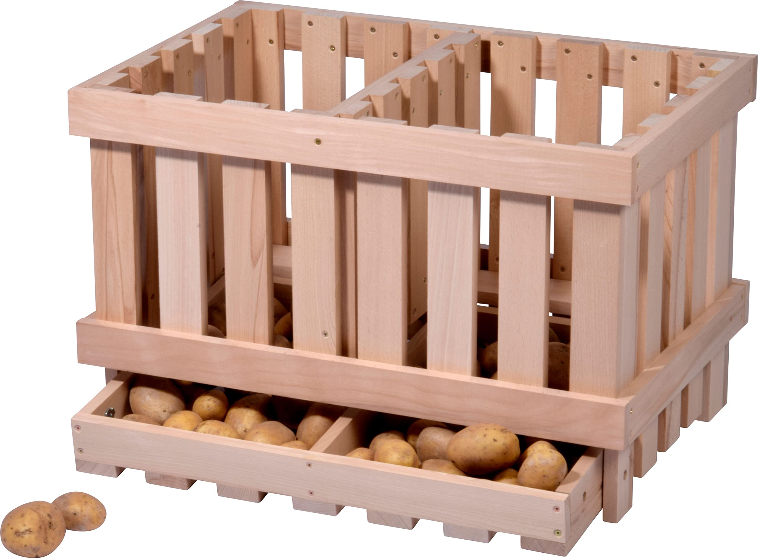 dobar® green label 29023FSCe Premium Kartoffelkiste | Kartoffelhorde mit 2 Abteilen| Obstkiste aus Massivholz | Vorratskiste für Obst/Gemüse | mit Kippfach | Buchenholz | 60 x 40 x 40 cm | Natur