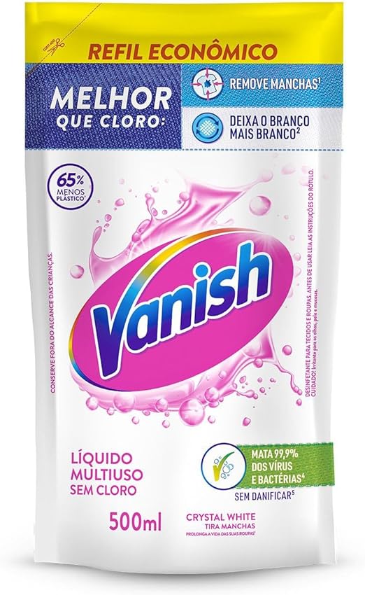 Tira Manchas Vanish Líquido Crystal White para roupas brancas Refil Econômico 500ml Menor preço em Tira Manchas Vanish Líquido Crystal White para roupas brancas Refil Econômico 500ml