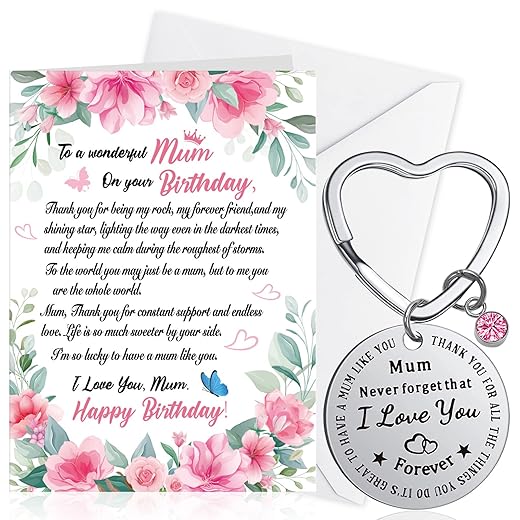 DPKOW Mum Birthday Gifts, Mum Birthday Cards Happy Birthday Mum Cards Never Forget That I Love You Mum Keyring Engraved Birthday Card Mum Christmas Birthday Gifts for Mum Gifts from Daughter Son