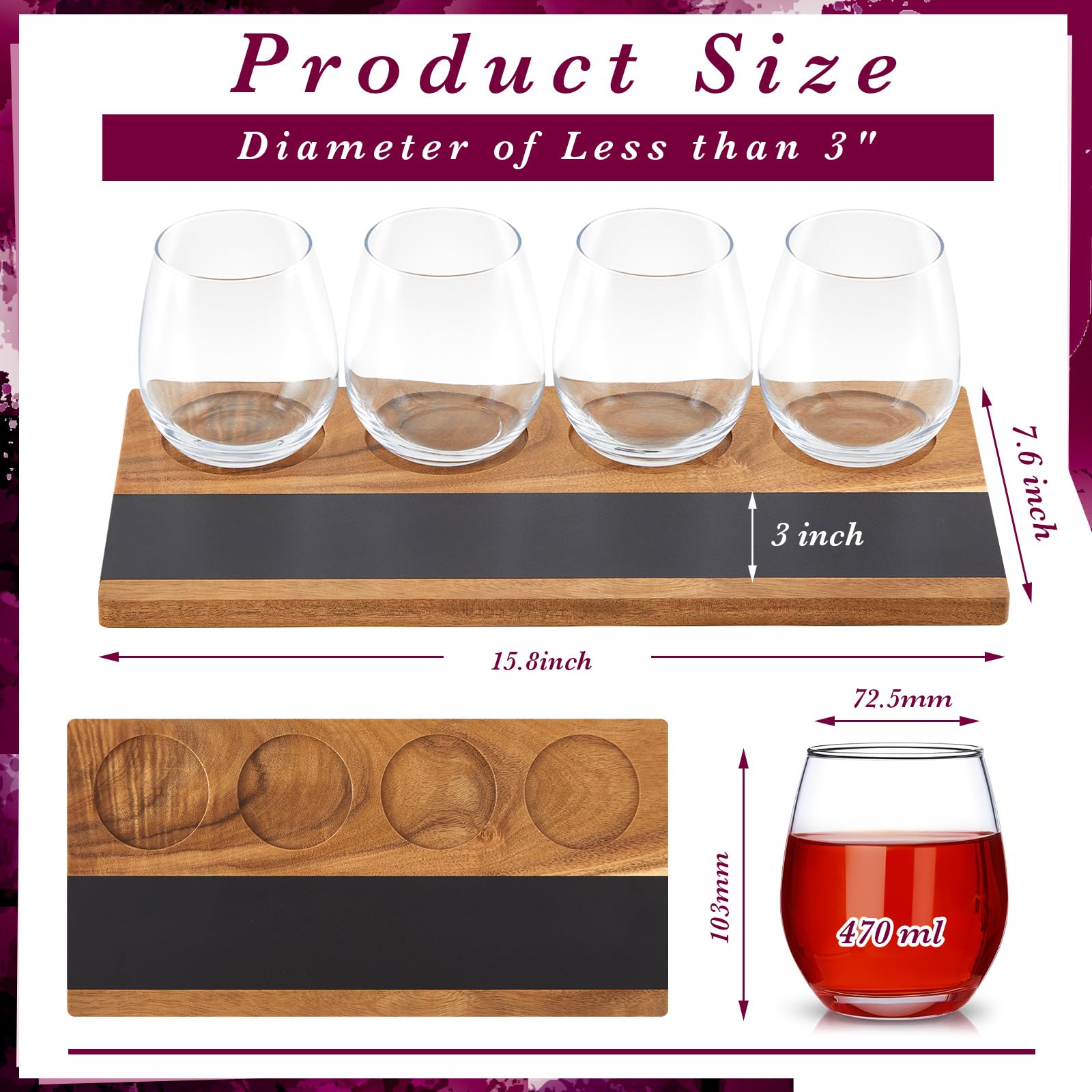 Marsui Set da 7 pezzi per degustazione di vino, include 1 tavola da whisky in legno, 4 bicchieri da volo, 2 gessetti in pietra ollare per birra, cocktail, caffè, forniture per feste di degustazione di