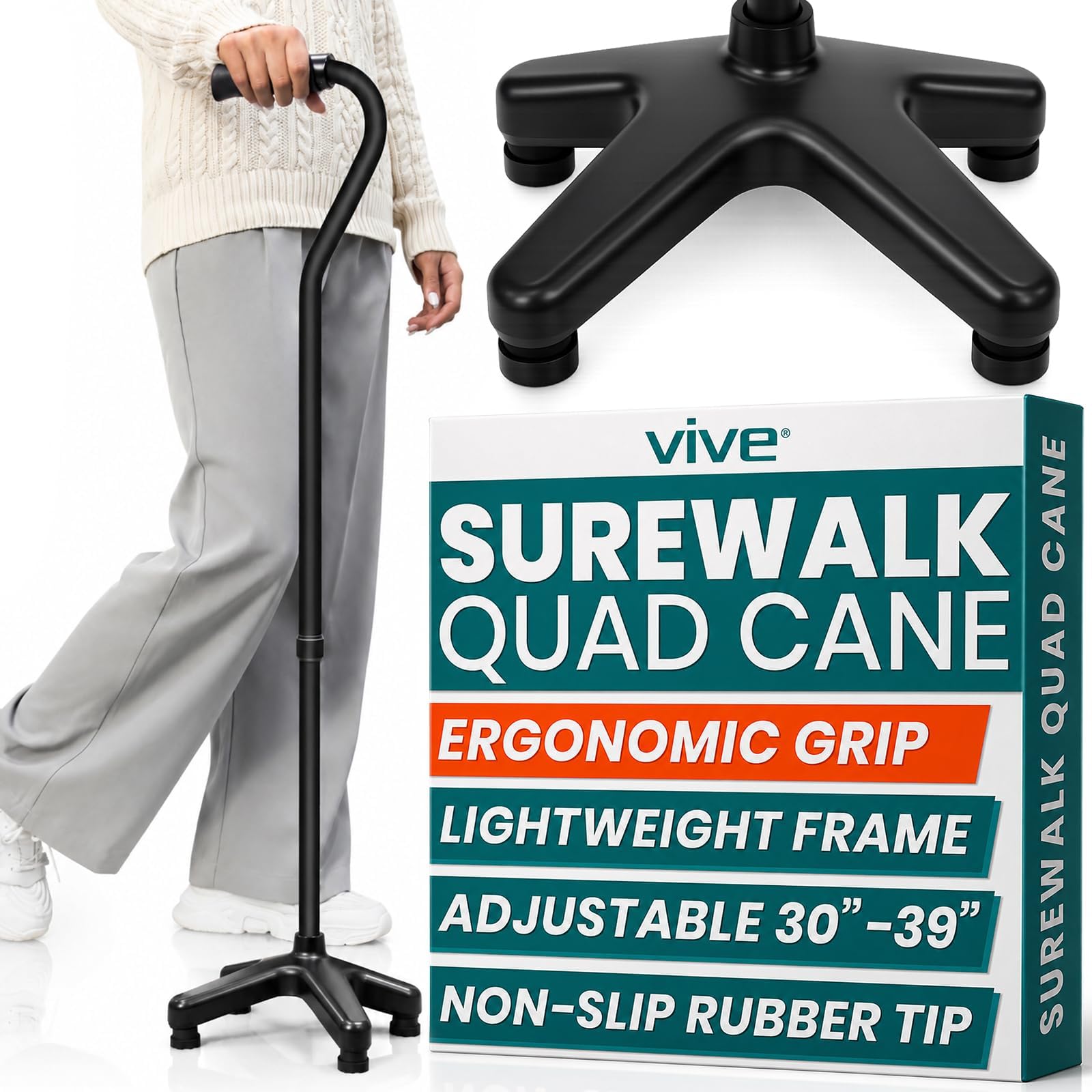 Vive Quad Cane (250 LB) - Adjustable Walking Cane with Large 4 Pronged Base for Extra Balance & Stability, Walking Stick for Seniors, Men,& Women - Patented Customizable Handle
