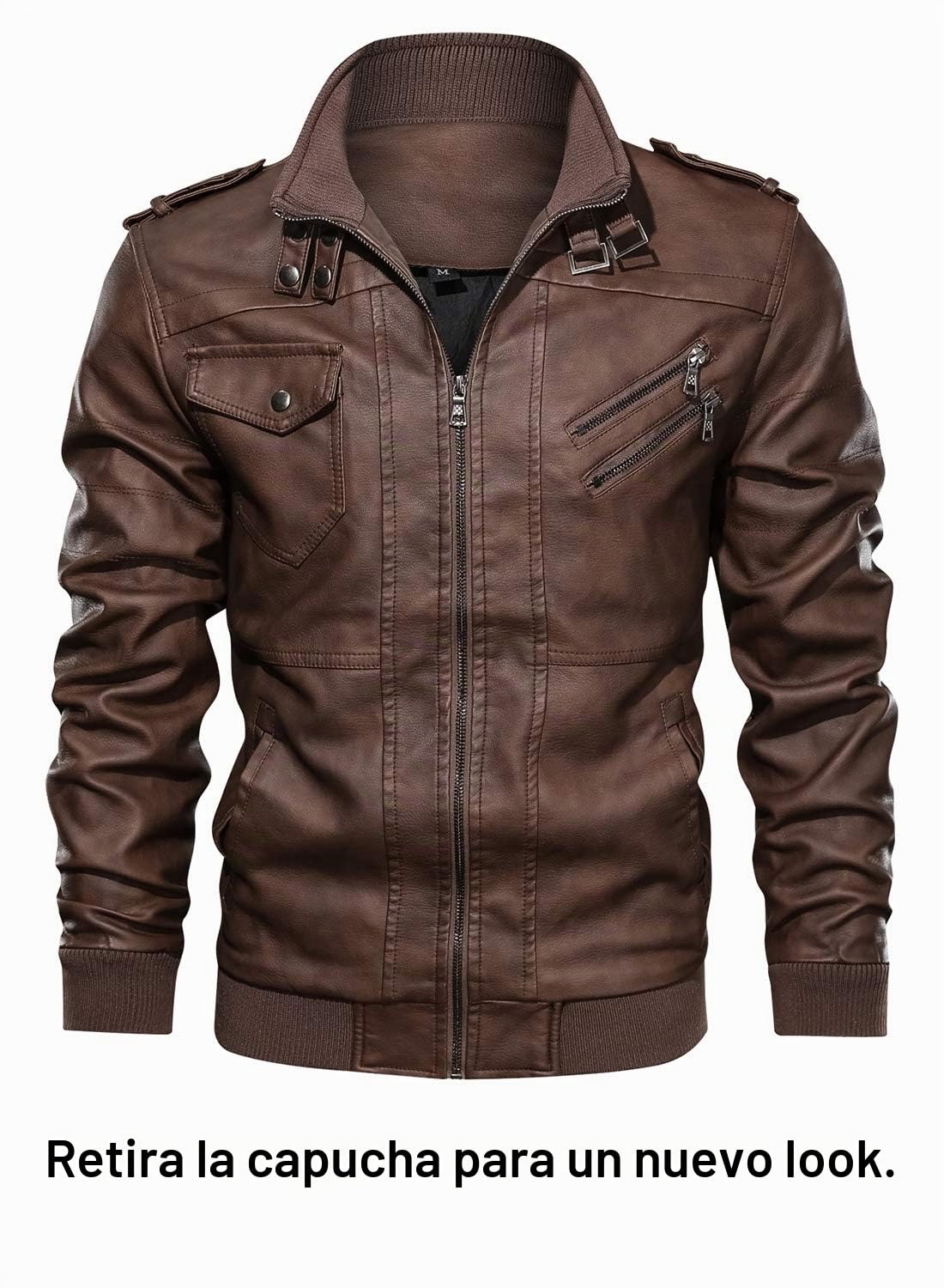 HOOD CREW Chaqueta de piel sintética para hombre con capucha desmontable