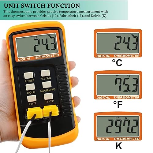 Miniatura 3 de Termómetro de termopar tipo K Probador de termopar de canales dobles (-58  2372 F) Medidor de escala Kelvin de temperatura de alta precisión con