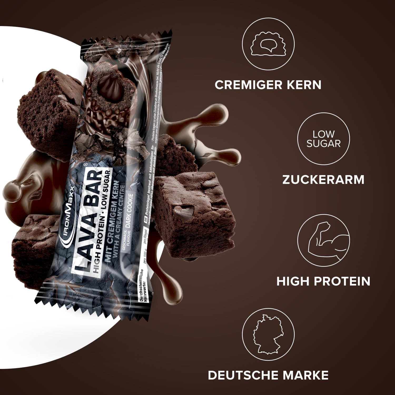 IronMaxx Lava Protein Bar - Dark Cookie - 18x40g | Barrita alta en proteínas con núcleo cremoso y cobertura de cacahuete y caramelo | Baja en azúcar y sin aceite de palma